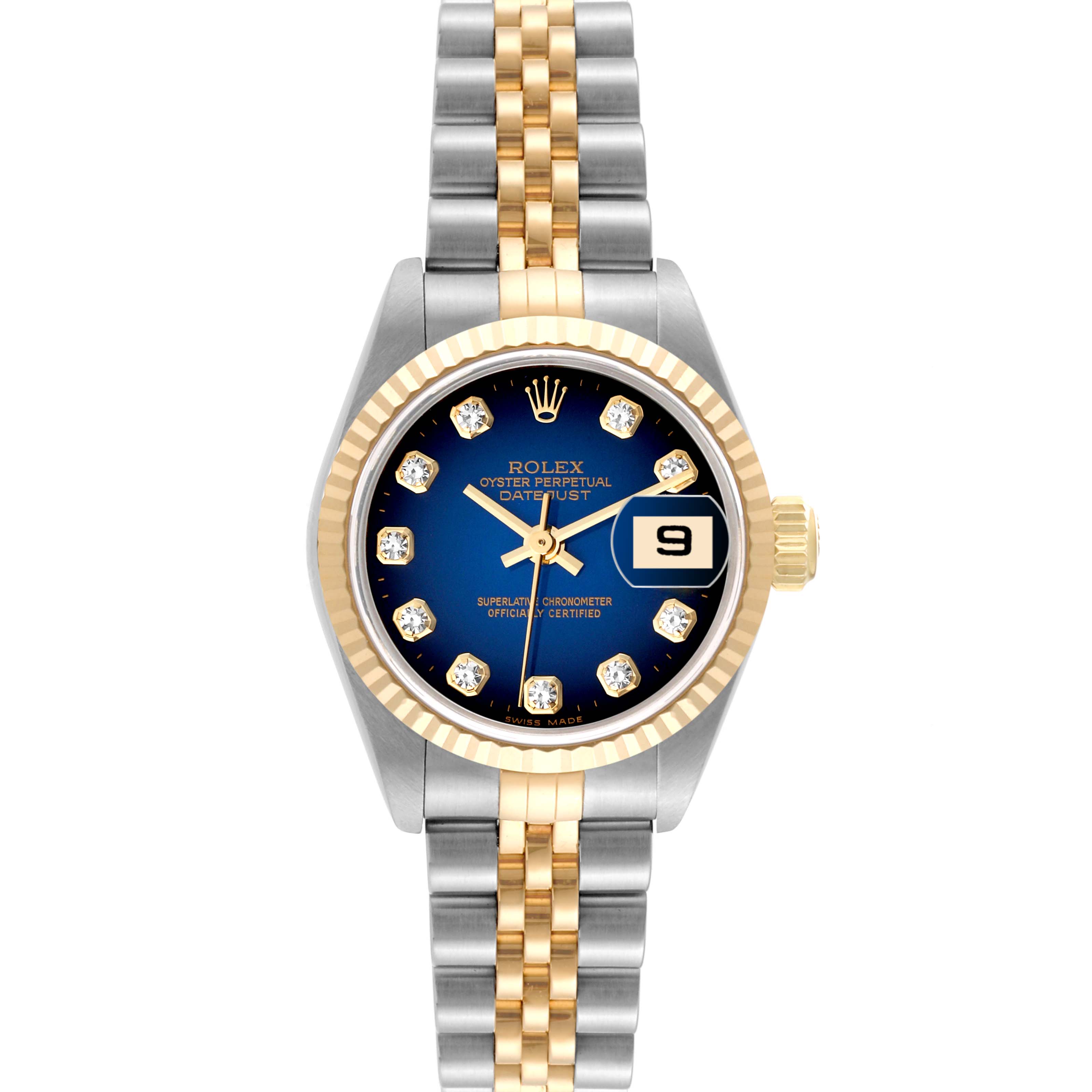 This is a front view of a Rolex Datejust 79173 Women's Steel and Gold (two tone) Blue Dial 79173 Women's Steel and Gold (two tone) Blue Dial watch showing the dial, bezel, bracelet, and date display.