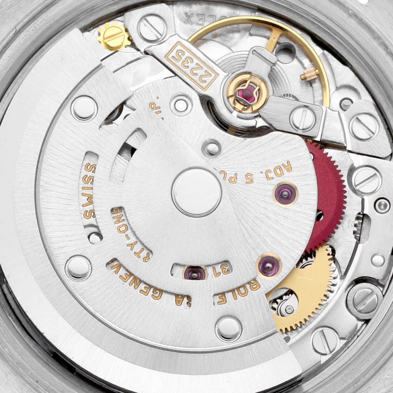 This close-up image shows the detailed inner mechanical movement of a Rolex Datejust 79173 Women's Steel and Gold (two tone) Blue Dial 79173 Women's Steel and Gold (two tone) Blue Dial watch.