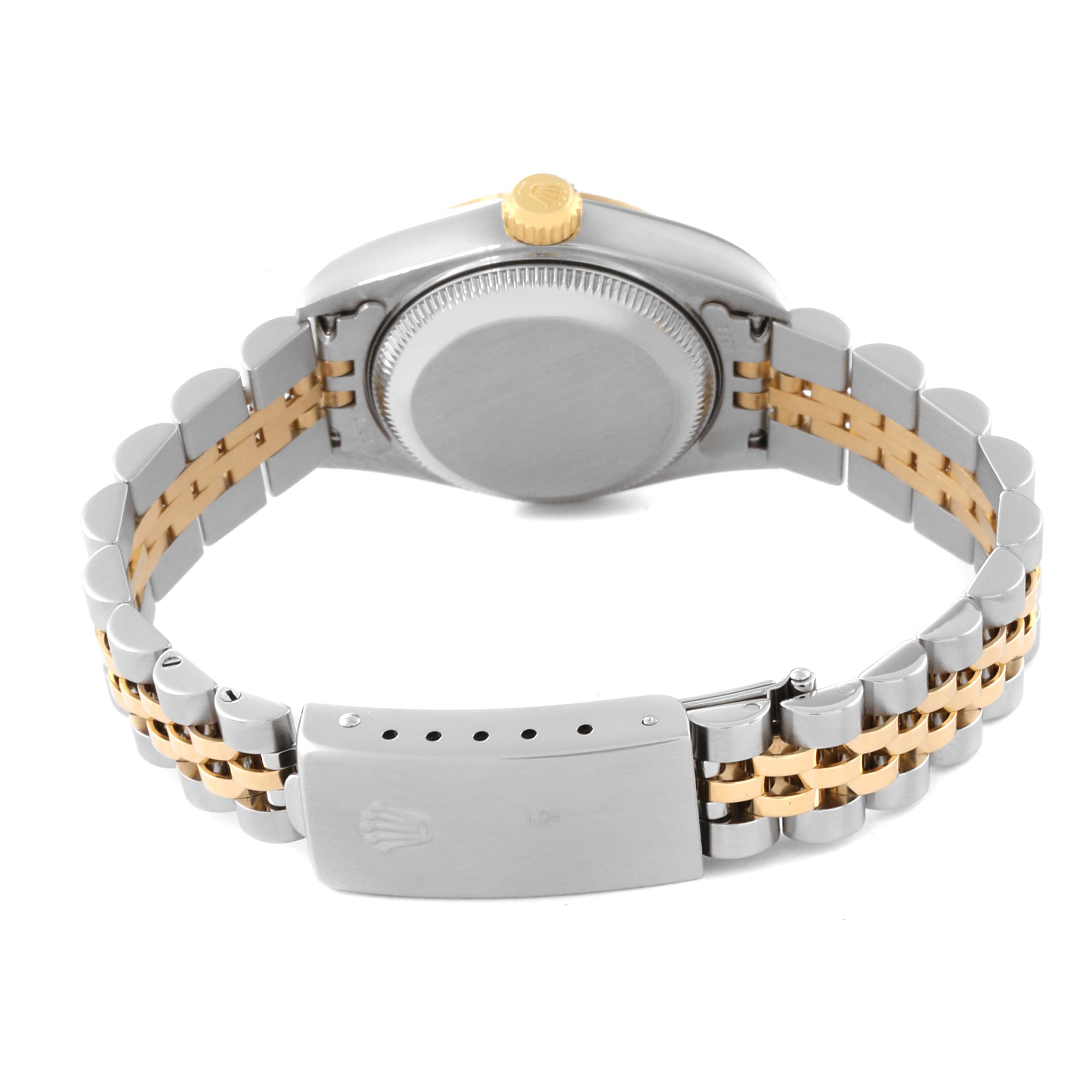 This image shows the back view of a Rolex Datejust 79173 Women's Steel and Gold (two tone) Blue Dial 79173 Women's Steel and Gold (two tone) Blue Dial watch, including the case, crown, and Jubilee bracelet with a clasp.