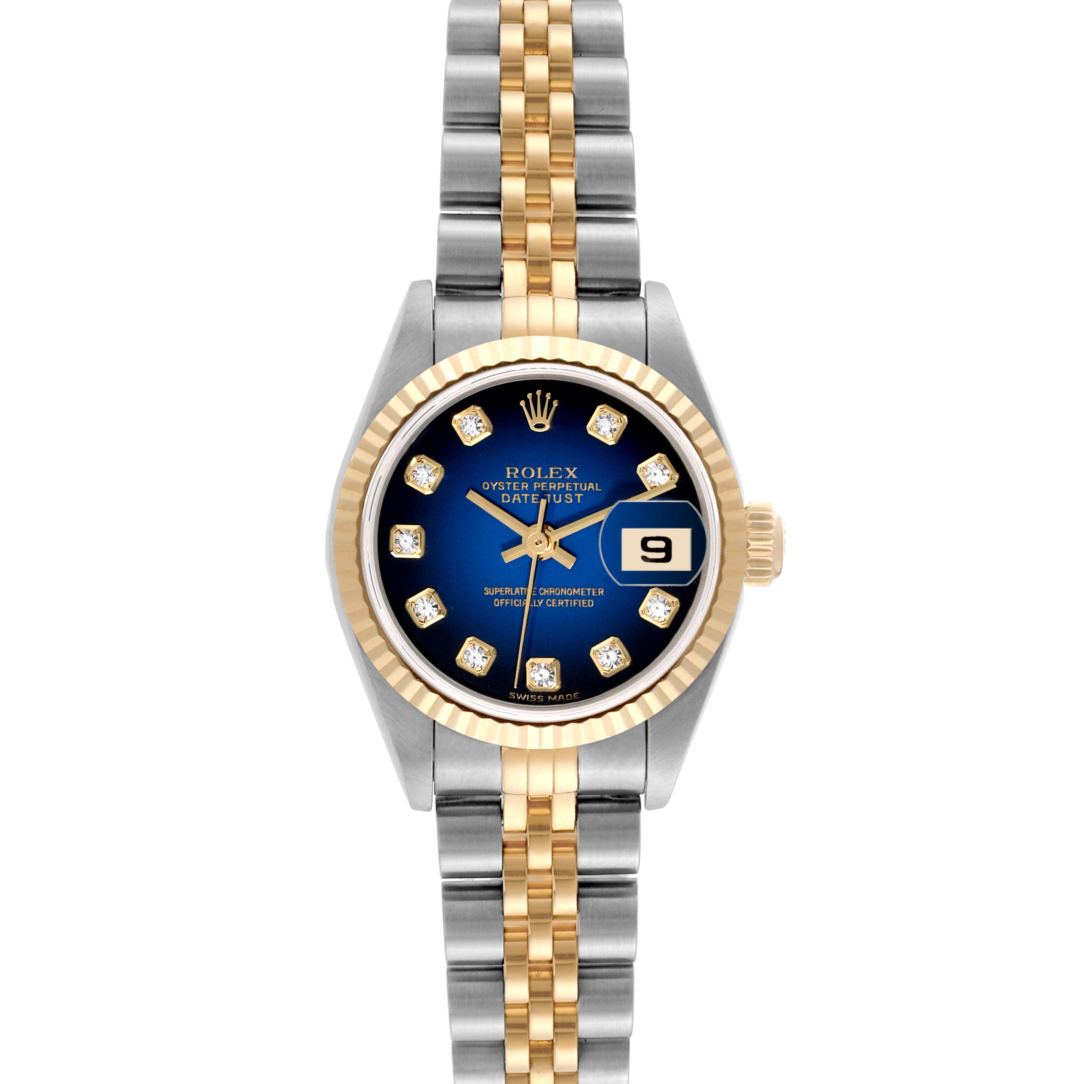 This image shows a front view of a Rolex Datejust 79173 Women's Steel and Gold (two tone) Blue Dial 79173 Women's Steel and Gold (two tone) Blue Dial watch with a blue dial, gold bezel, and a two-tone stainless steel and gold bracelet.