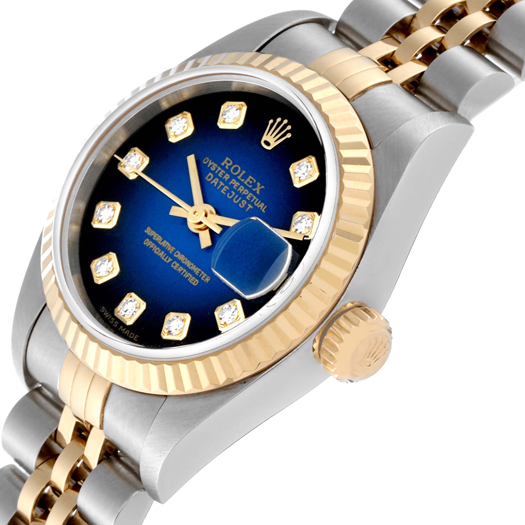 The image shows a close-up angle of a Rolex Datejust 79173 Women's Steel and Gold (two tone) Blue Dial 79173 Women's Steel and Gold (two tone) Blue Dial watch, highlighting its bezel, crown, blue dial, diamond markers, and two-tone bracelet.