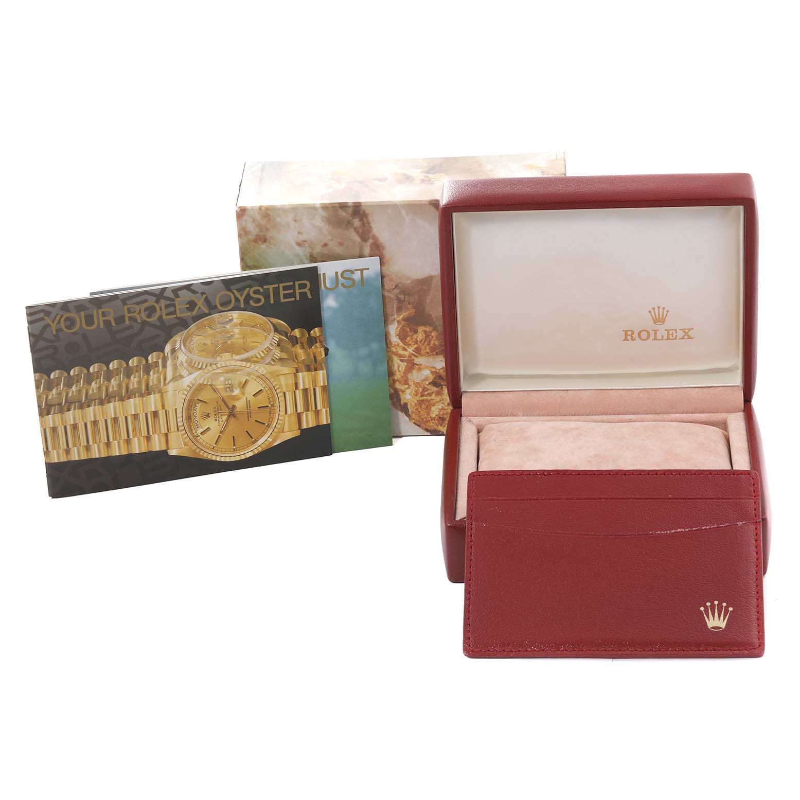 The image shows the packaging, manuals, and a red leather case for a Rolex Datejust 79173 Women's Steel and Gold (two tone) Blue Dial 79173 Women's Steel and Gold (two tone) Blue Dial watch.