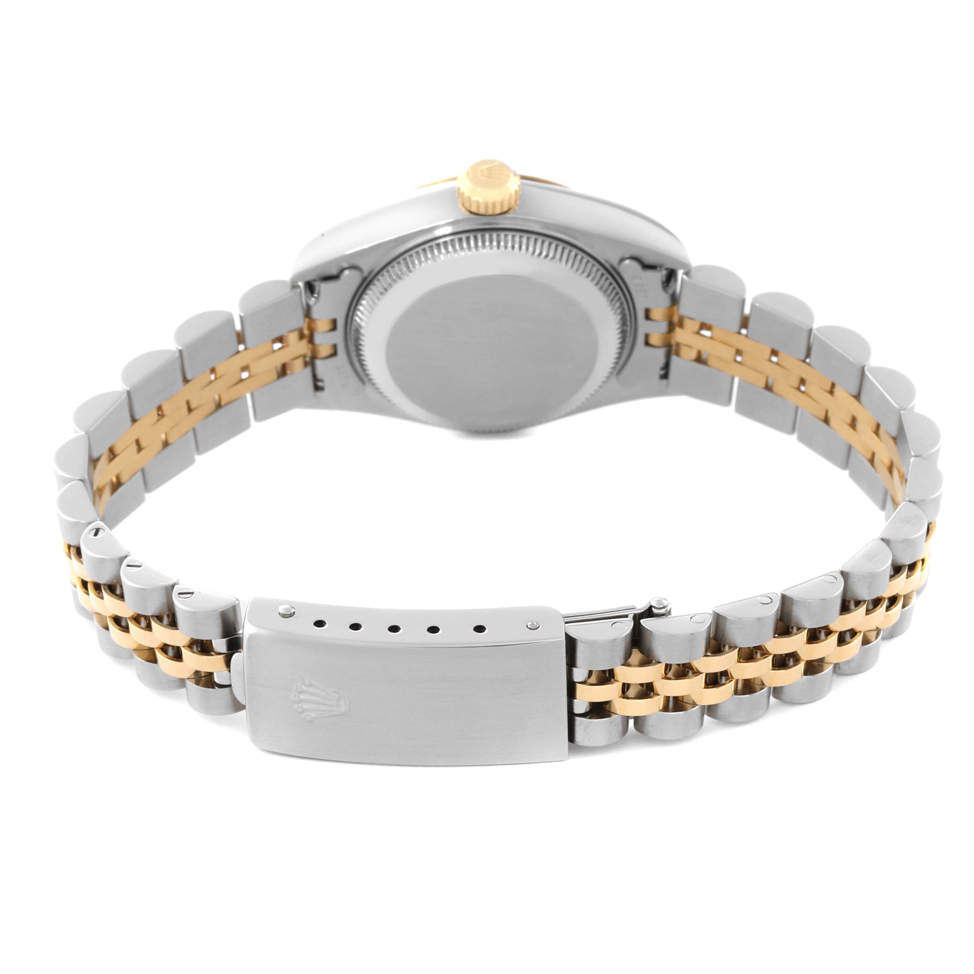 This image shows the back case and two-tone bracelet of a Rolex Datejust 79173 Women's Steel and Gold (two tone) Blue Dial 79173 Women's Steel and Gold (two tone) Blue Dial model watch viewed from the rear angle.