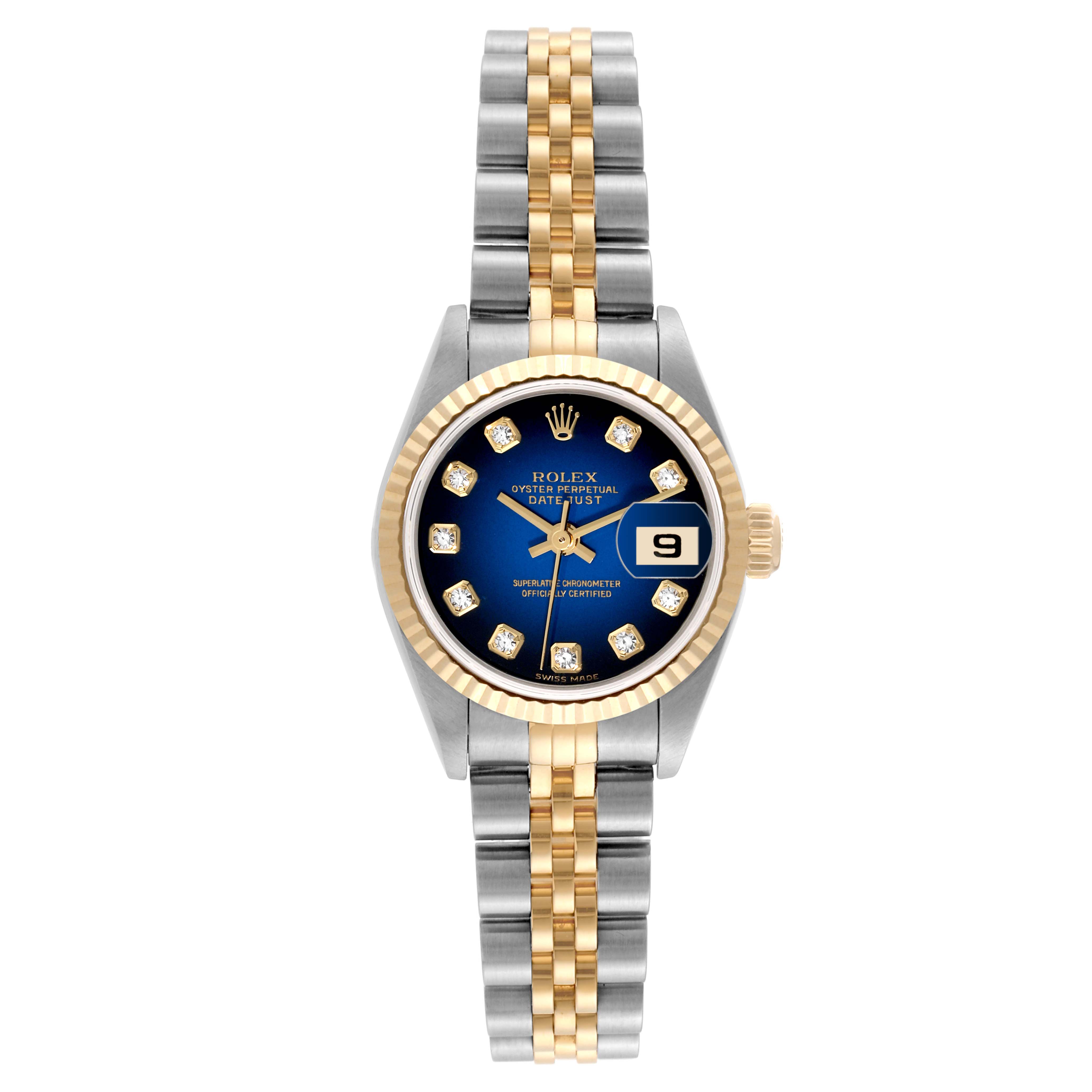 This Rolex Datejust 79173 Women's Steel and Gold (two tone) Blue Dial 79173 Women's Steel and Gold (two tone) Blue Dial watch is shown from the front, displaying the face, bezel, and bracelet.