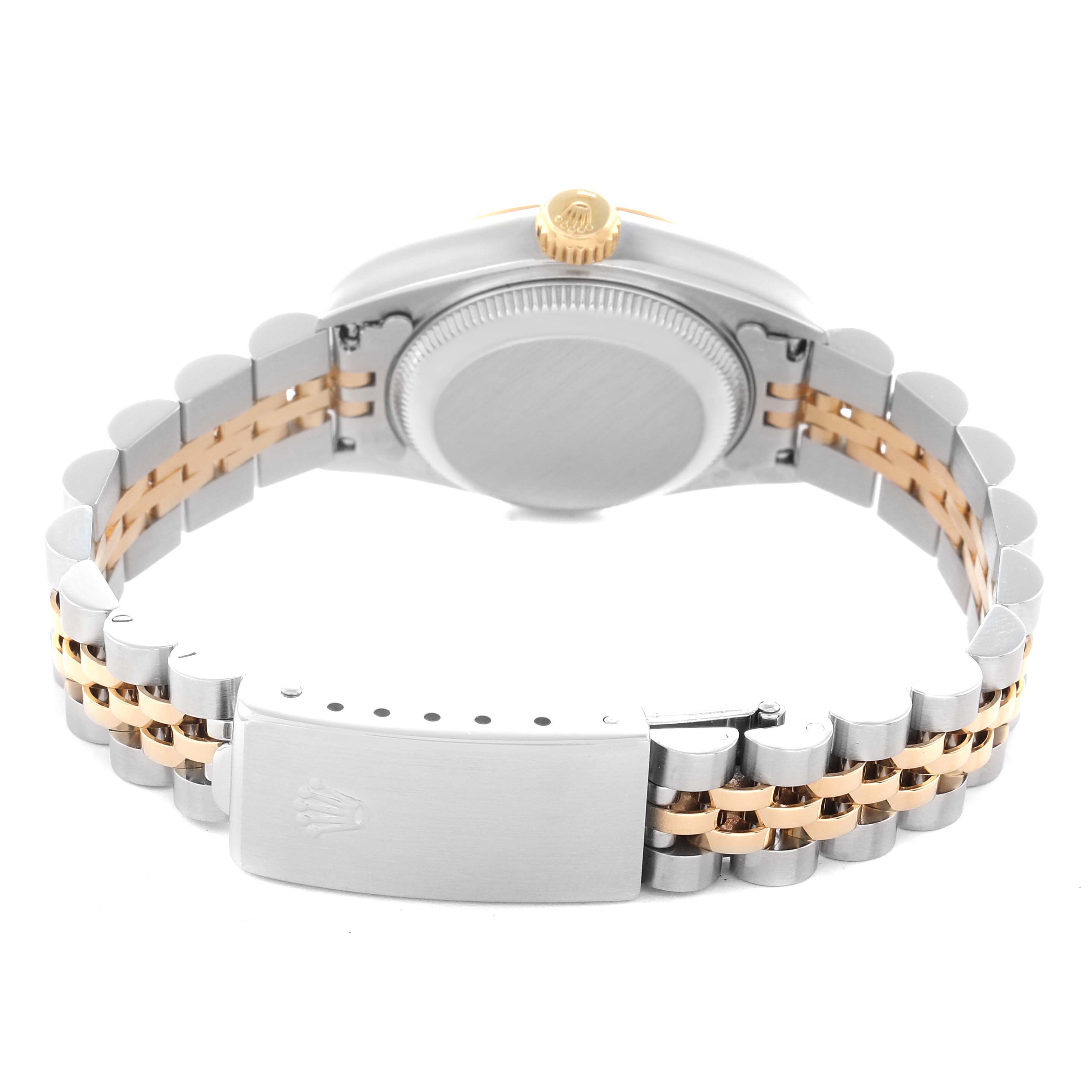 The image shows the back view of a Rolex Datejust 69173 Women
s Steel and Gold (two tone) Champagne Dial 69173 Women
s Steel and Gold (two tone) Champagne Dial, highlighting the case back, crown, and two-tone Jubilee bracelet with clasp.