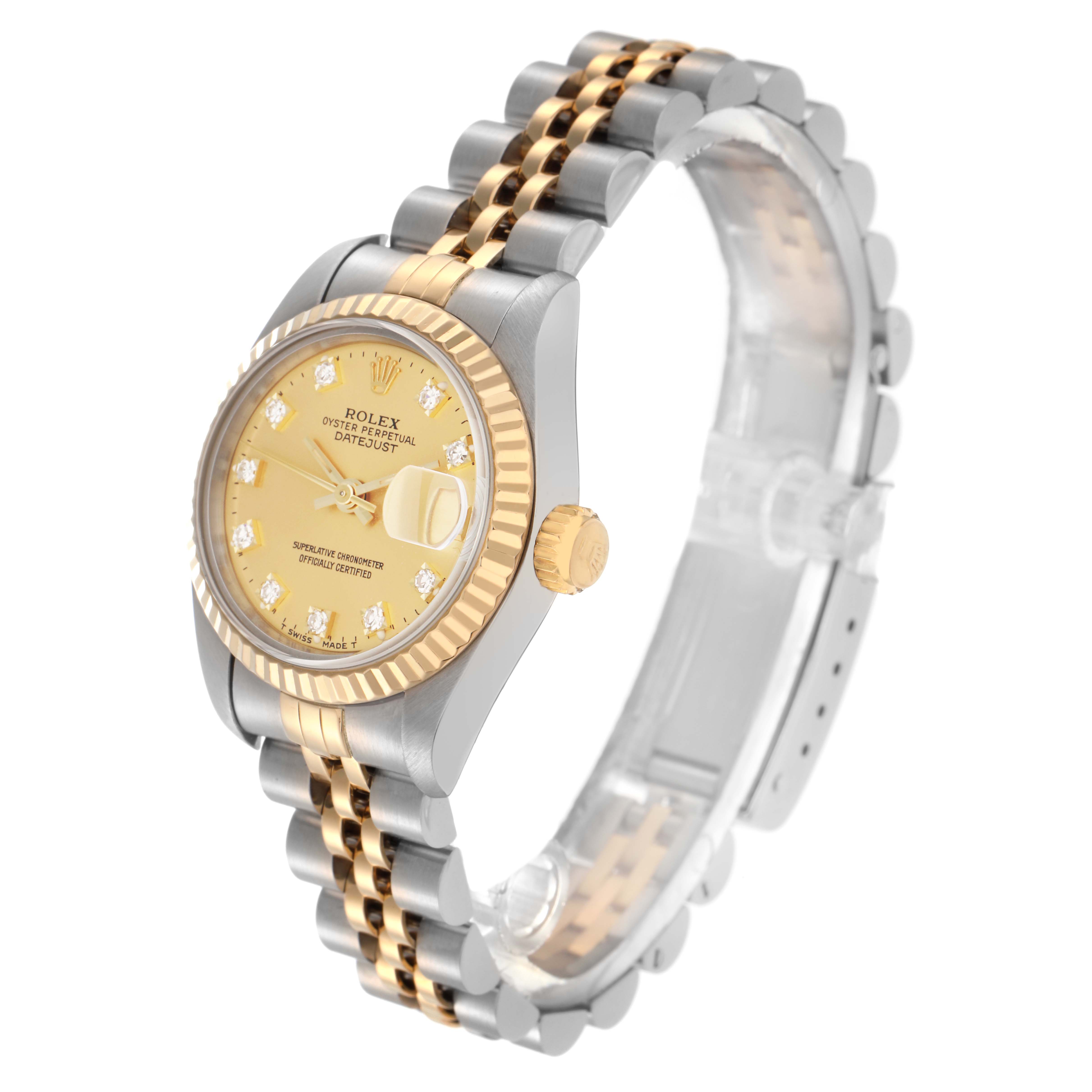 The Rolex Datejust 69173 Women
s Steel and Gold (two tone) Champagne Dial 69173 Women
s Steel and Gold (two tone) Champagne Dial watch is shown at a three-quarter angle, displaying the case, bezel, crown, and Jubilee bracelet.