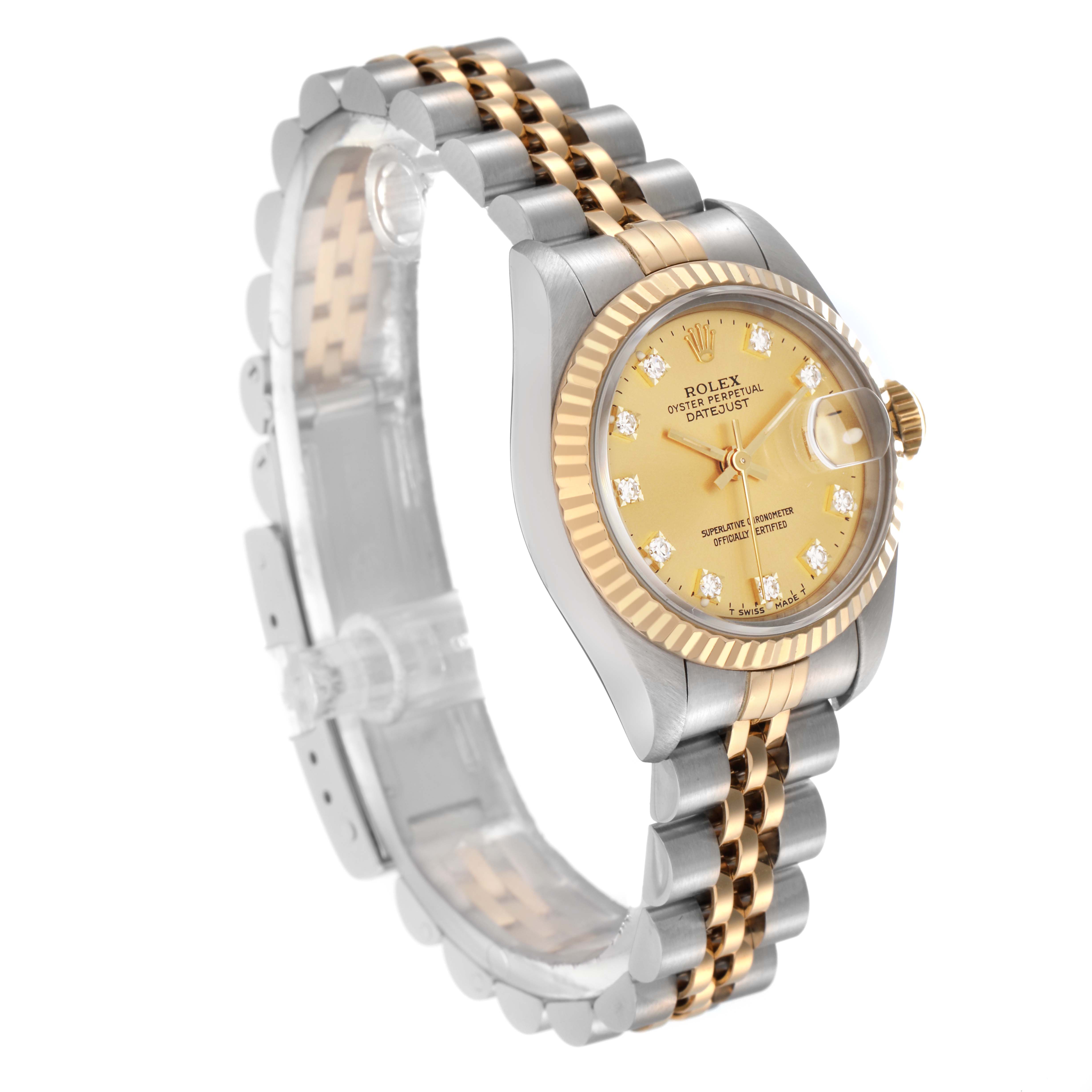 The Rolex Datejust 69173 Women
s Steel and Gold (two tone) Champagne Dial 69173 Women
s Steel and Gold (two tone) Champagne Dial watch is shown at a three-quarter angle, displaying the face, bezel, and partially open band.
