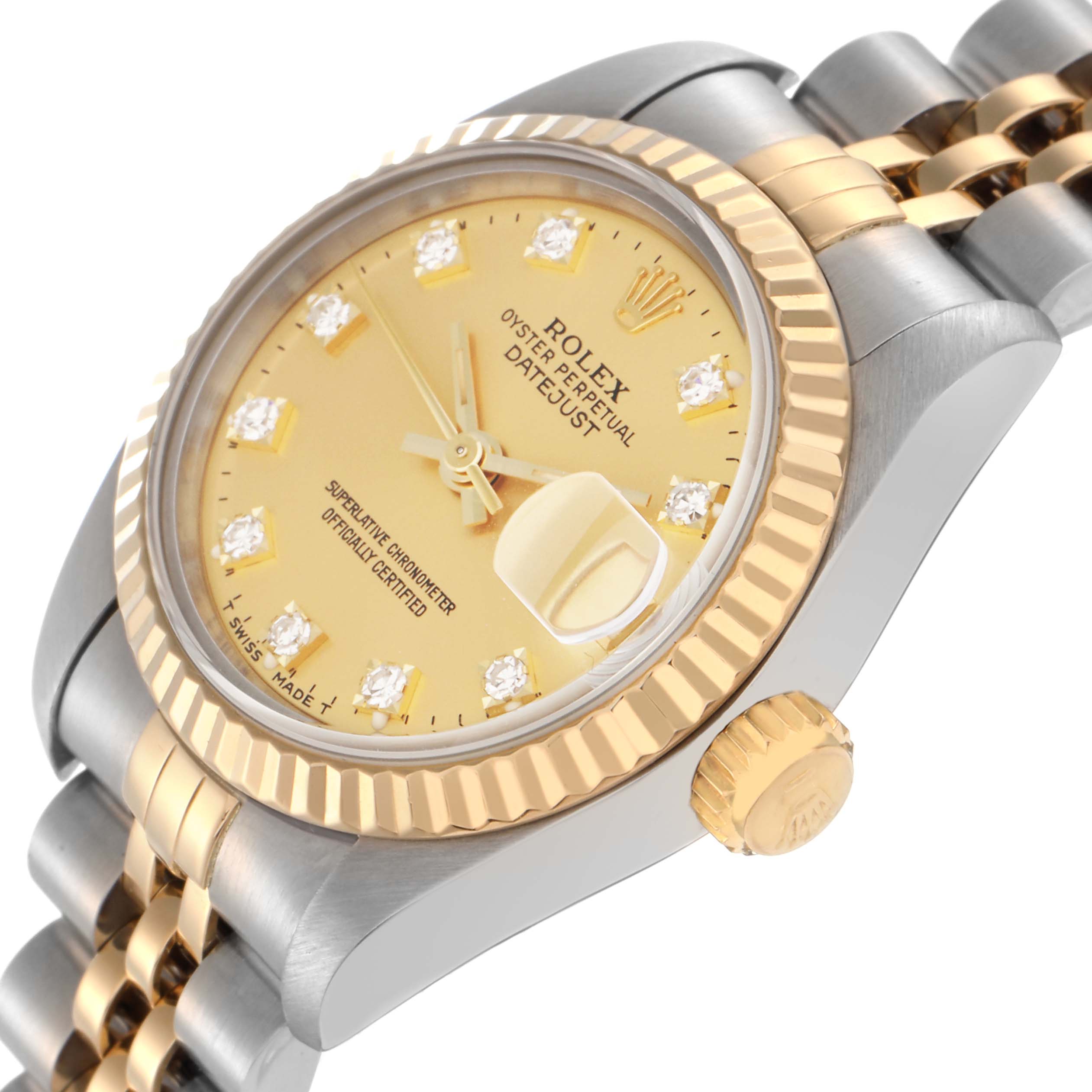 The Rolex Datejust 69173 Women
s Steel and Gold (two tone) Champagne Dial 69173 Women
s Steel and Gold (two tone) Champagne Dial watch is shown at an oblique angle highlighting the face, bezel, crown, and part of the bracelet.