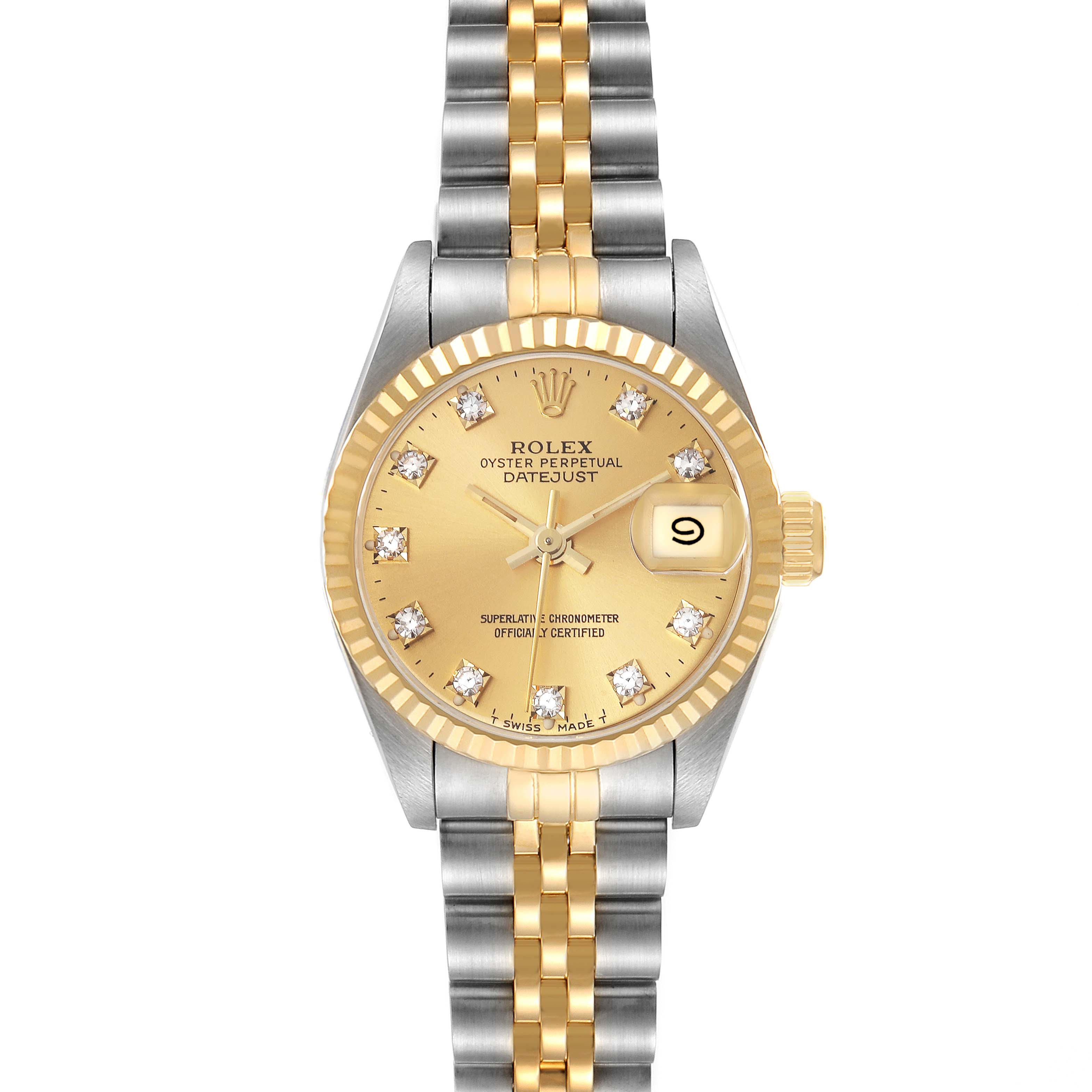 The Rolex Datejust 69173 Women
s Steel and Gold (two tone) Champagne Dial 69173 Women
s Steel and Gold (two tone) Champagne Dial watch is shown from a top-down angle, highlighting the gold and silver bracelet, bezel, and dial with date function.