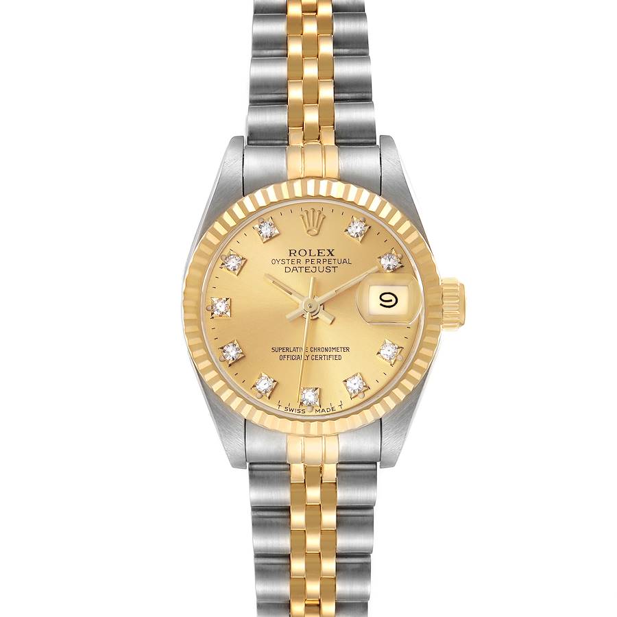 The Rolex Datejust watch is shown from a top-down angle, highlighting the gold and silver bracelet, bezel, and dial with date function.