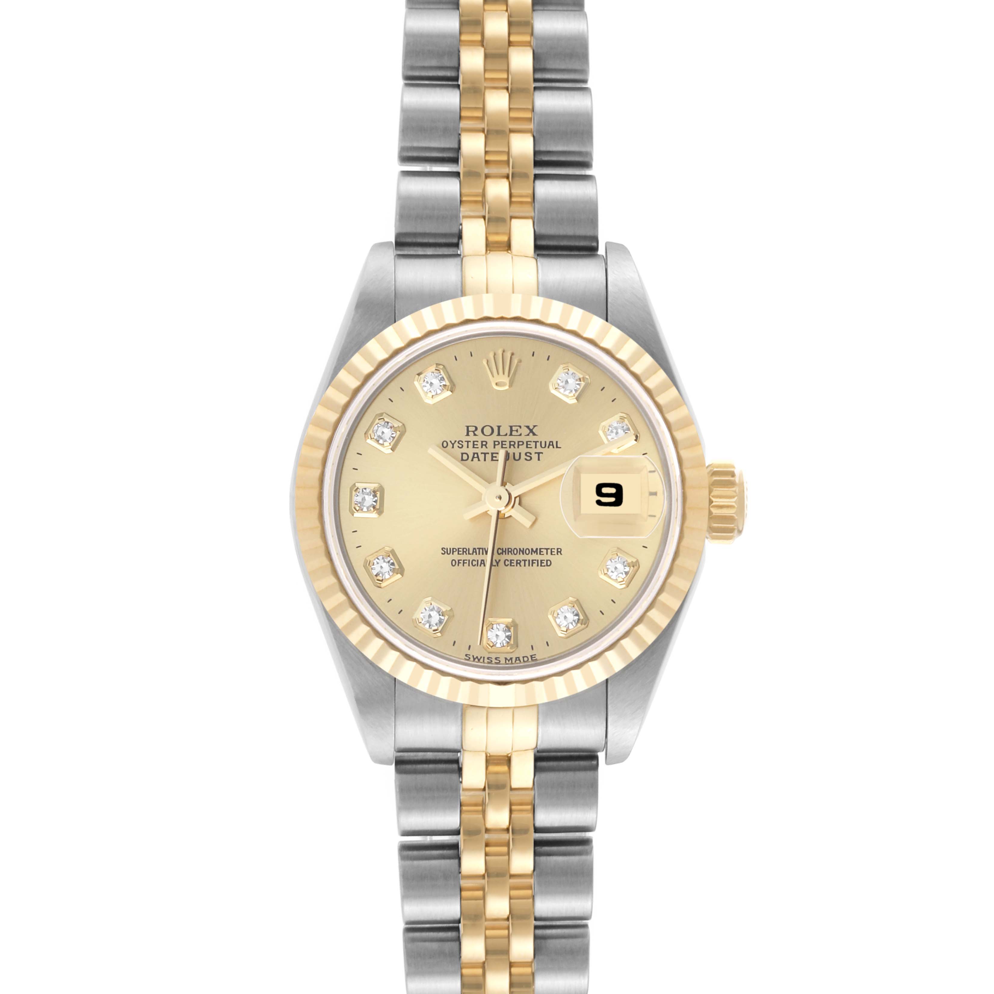 This Rolex Datejust 69173 Women's Steel and Gold (two tone) Champagne Dial 69173 Women's Steel and Gold (two tone) Champagne Dial model watch is shown from a front angle, displaying its dial, bezel, and two-tone bracelet.