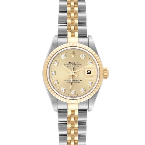 The Rolex Datejust watch is shown at a front angle, featuring its gold and silver bracelet, gold dial, and date window.