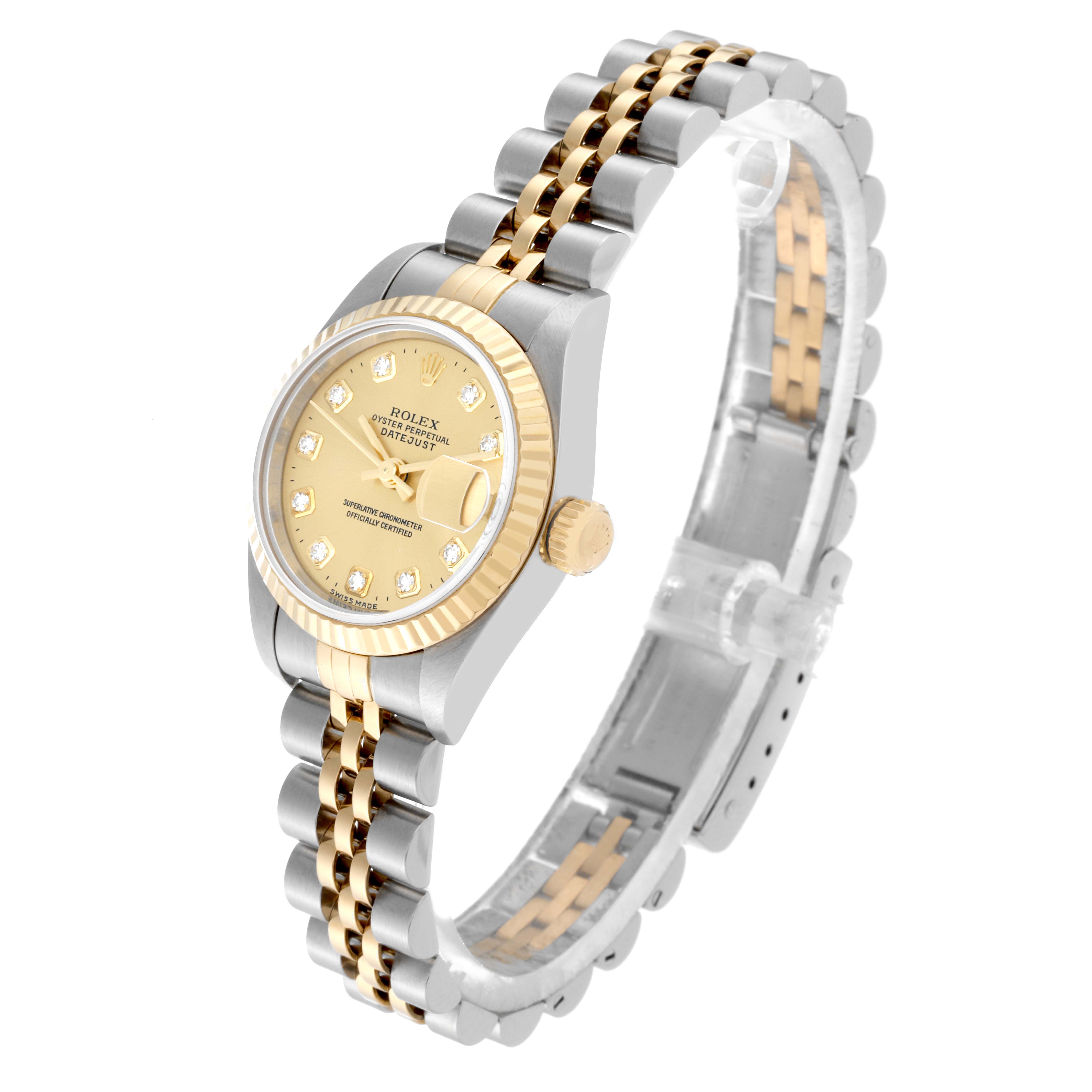 The image shows a Rolex Datejust 69173 Women's Steel and Gold (two tone) Champagne Dial 69173 Women's Steel and Gold (two tone) Champagne Dial watch at a slight angle, highlighting its two-tone bracelet, dial, fluted bezel, and crown.