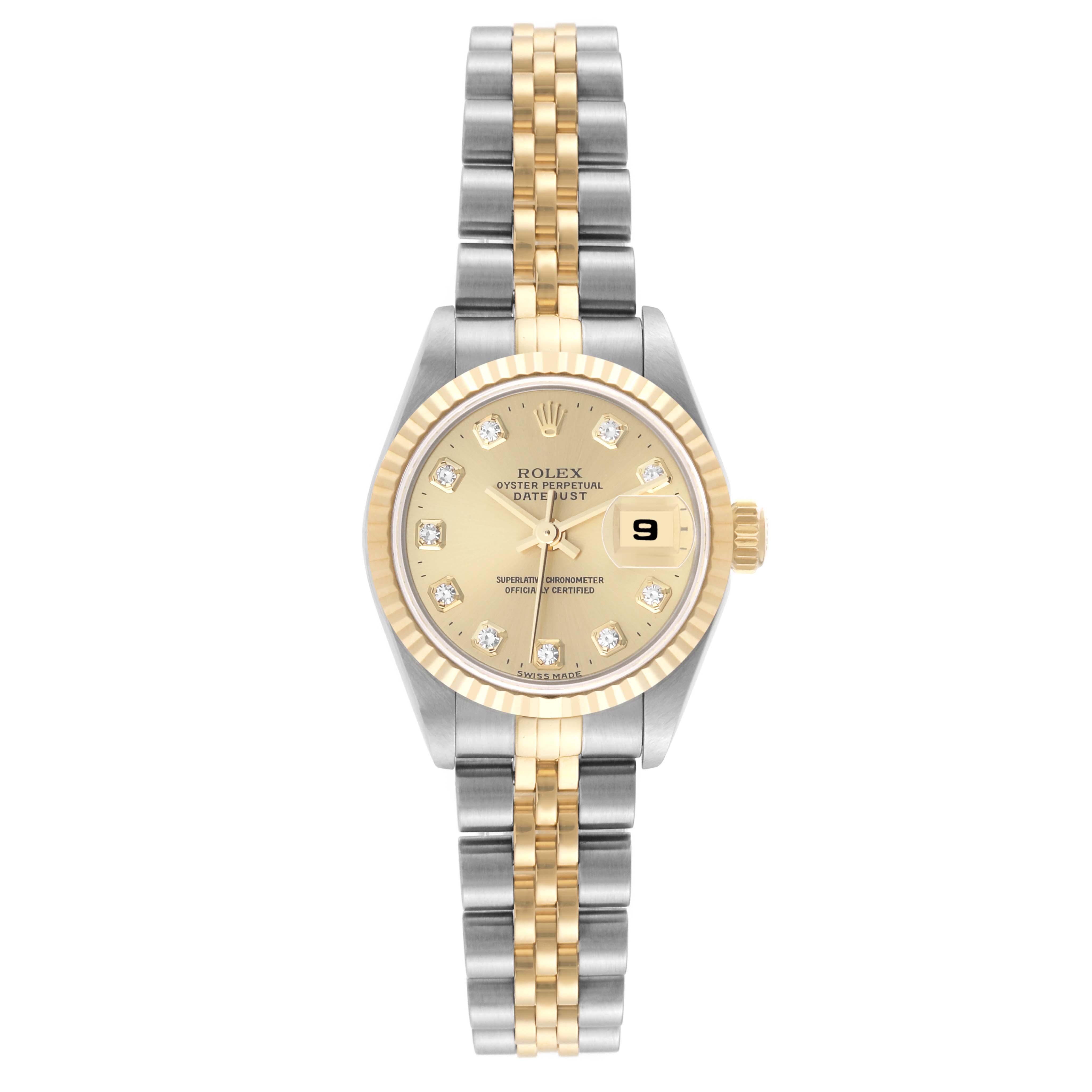 This image shows the front view of a Rolex Datejust 69173 Women's Steel and Gold (two tone) Champagne Dial 69173 Women's Steel and Gold (two tone) Champagne Dial watch, highlighting its dial, bezel, hands, bracelet, and date window.