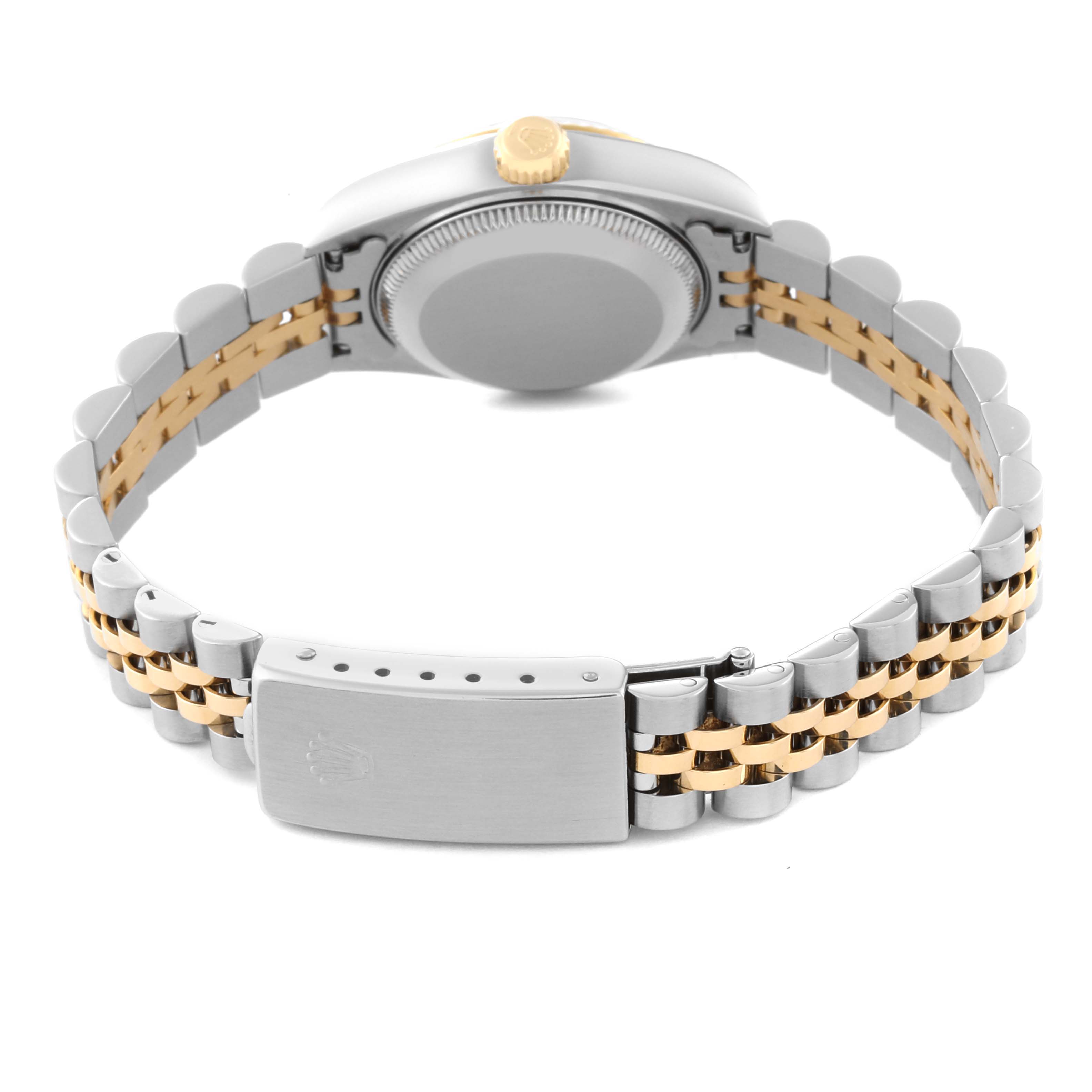 This image shows the back view of a Rolex Datejust 69173 Women's Steel and Gold (two tone) Champagne Dial 69173 Women's Steel and Gold (two tone) Champagne Dial watch, focusing on its case back, crown, and two-tone bracelet.