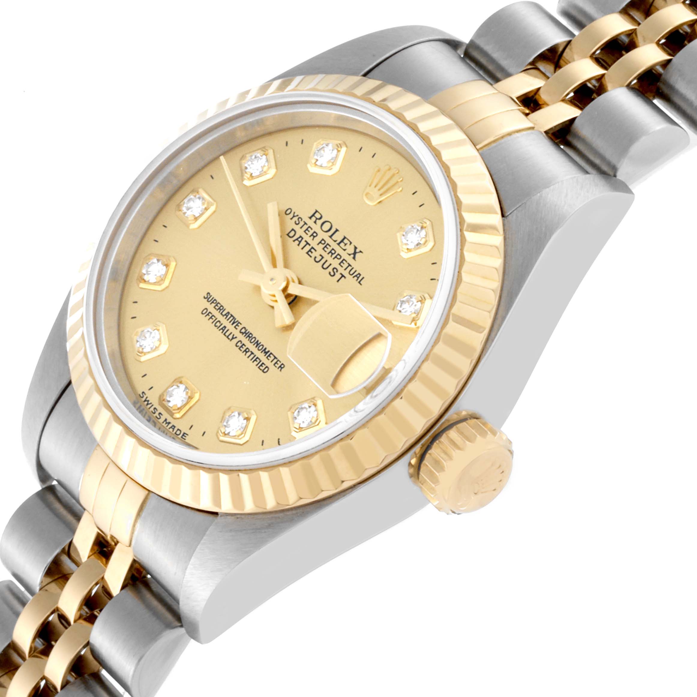 This image shows a close-up view of the Rolex Datejust 69173 Women's Steel and Gold (two tone) Champagne Dial 69173 Women's Steel and Gold (two tone) Champagne Dial watch, highlighting the dial, bezel, and part of the bracelet.
