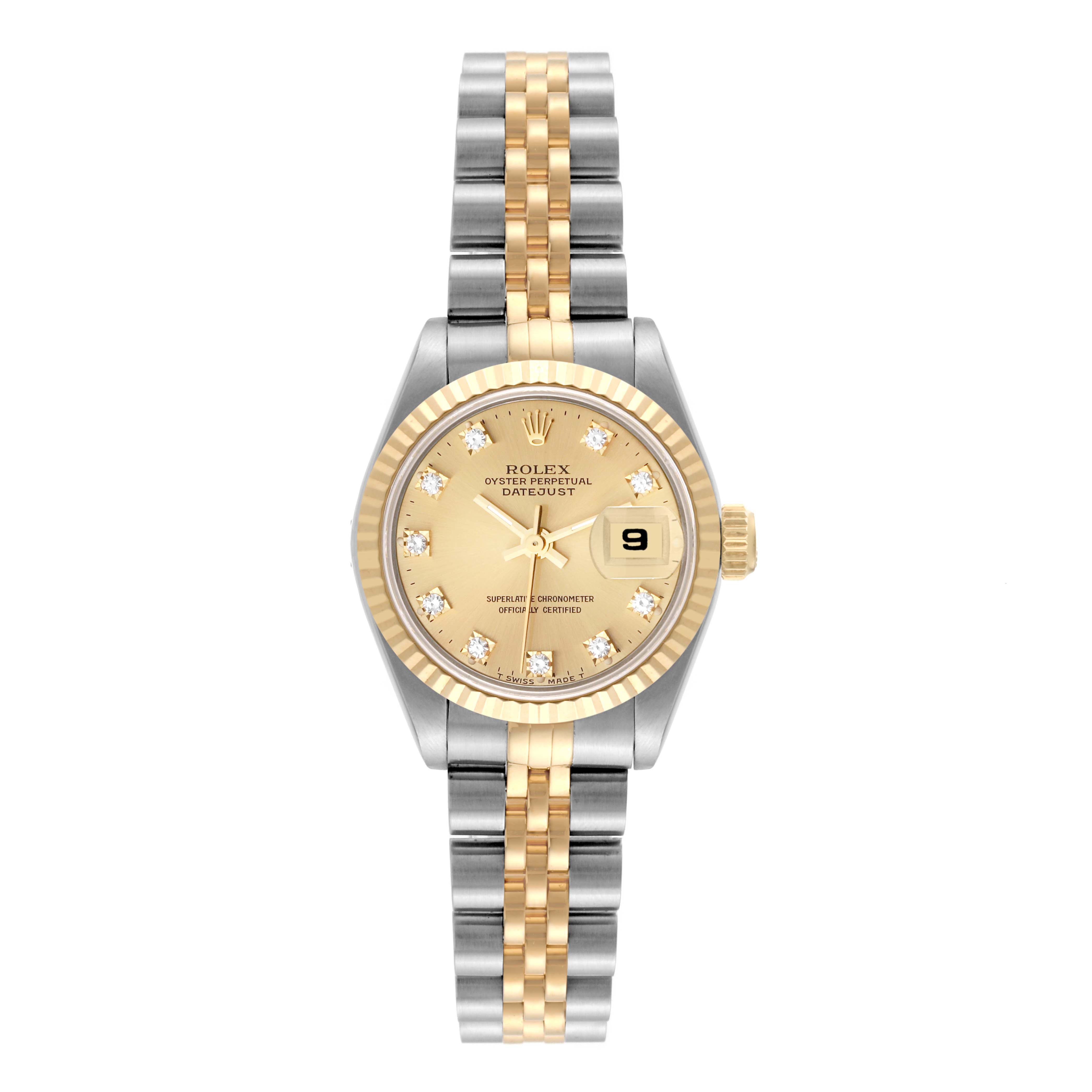 This image shows a front view of a Rolex Datejust 69173 Women's Steel and Gold (two tone) Champagne Dial 69173 Women's Steel and Gold (two tone) Champagne Dial watch, highlighting its gold and silver bracelet, beige dial, and date window.