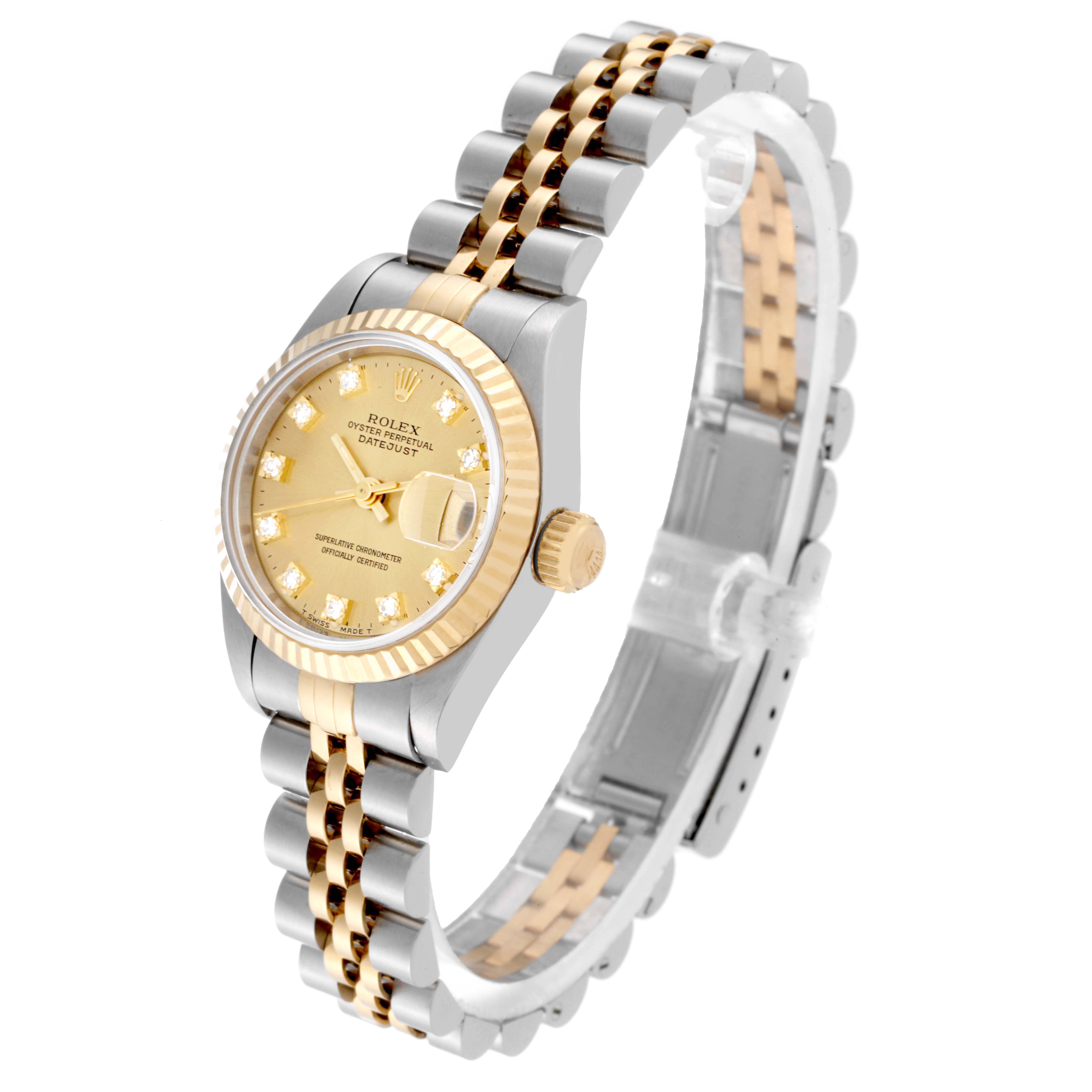 The Rolex Datejust 69173 Women's Steel and Gold (two tone) Champagne Dial 69173 Women's Steel and Gold (two tone) Champagne Dial watch is shown at a three-quarter angle, highlighting its gold and silver tone, dial, and bracelet.