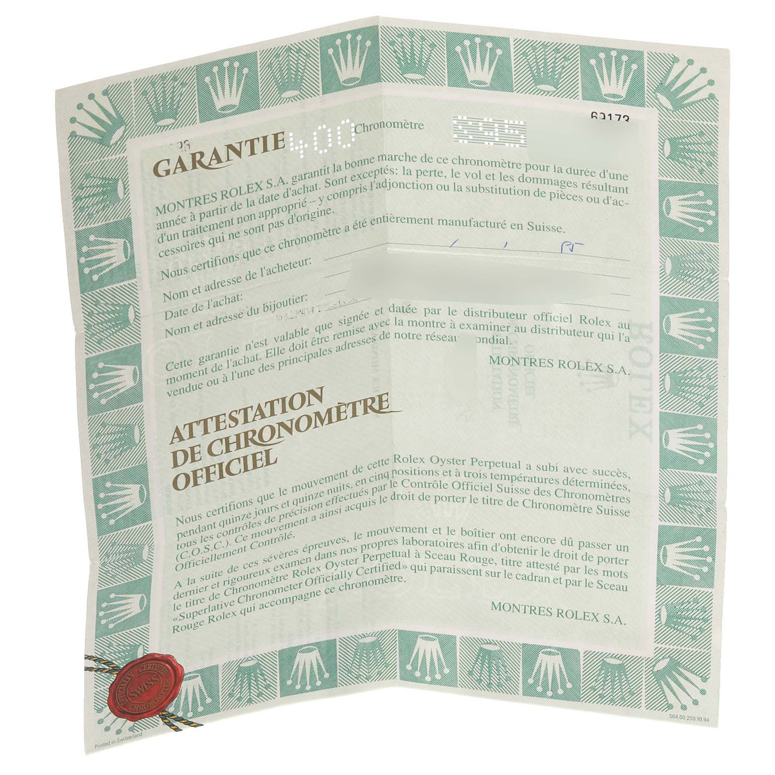 This image shows the warranty paper for a Rolex Datejust 69173 Women's Steel and Gold (two tone) Champagne Dial 69173 Women's Steel and Gold (two tone) Champagne Dial watch.