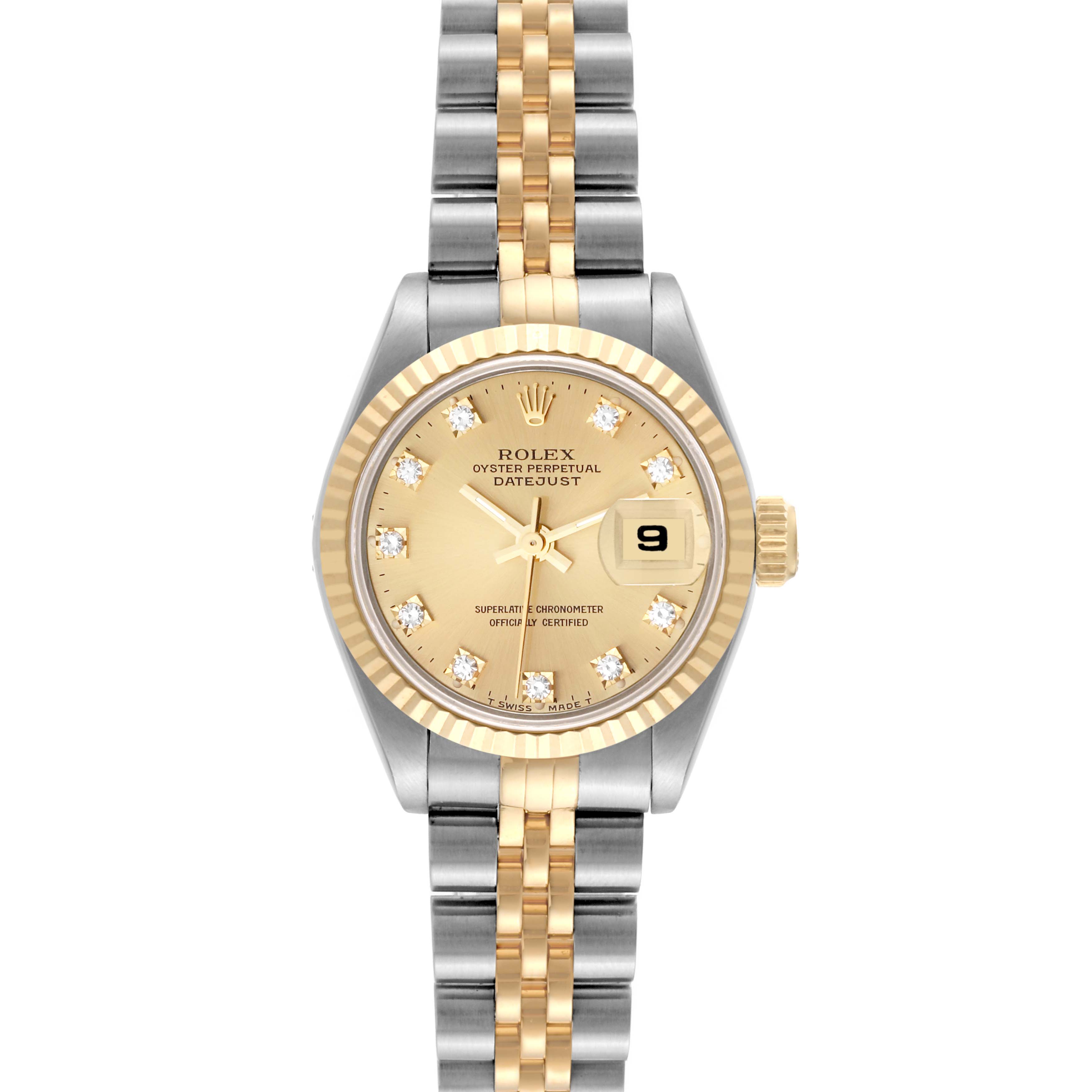 The image shows a Rolex Datejust 69173 Women's Steel and Gold (two tone) Champagne Dial 69173 Women's Steel and Gold (two tone) Champagne Dial watch from a front angle, highlighting its gold dial, fluted bezel, and two-tone bracelet.