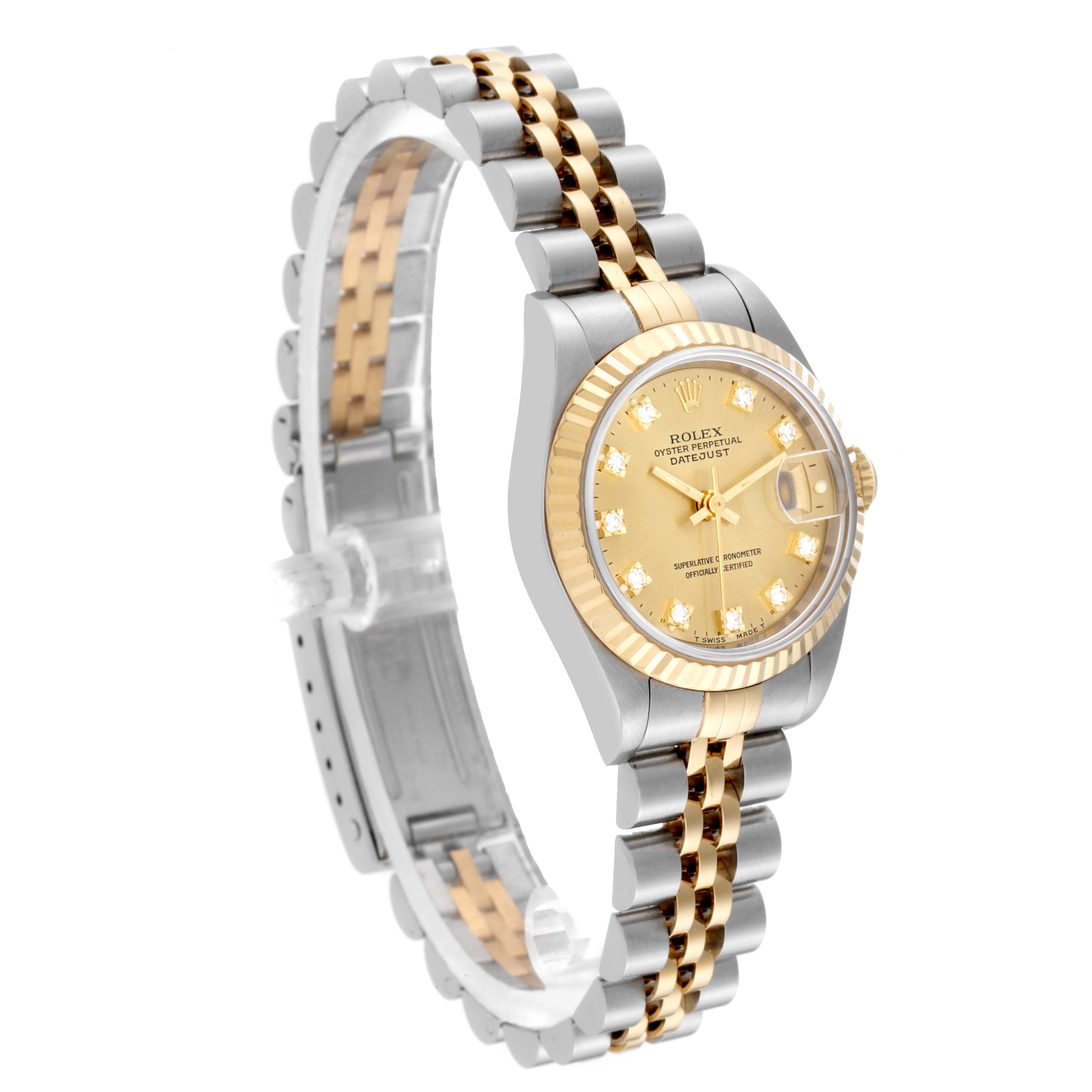 The image shows a side angle of a Rolex Datejust 69173 Women's Steel and Gold (two tone) Champagne Dial 69173 Women's Steel and Gold (two tone) Champagne Dial model watch, displaying its gold and silver fluted bezel, jubilee bracelet, and champagne dial.
