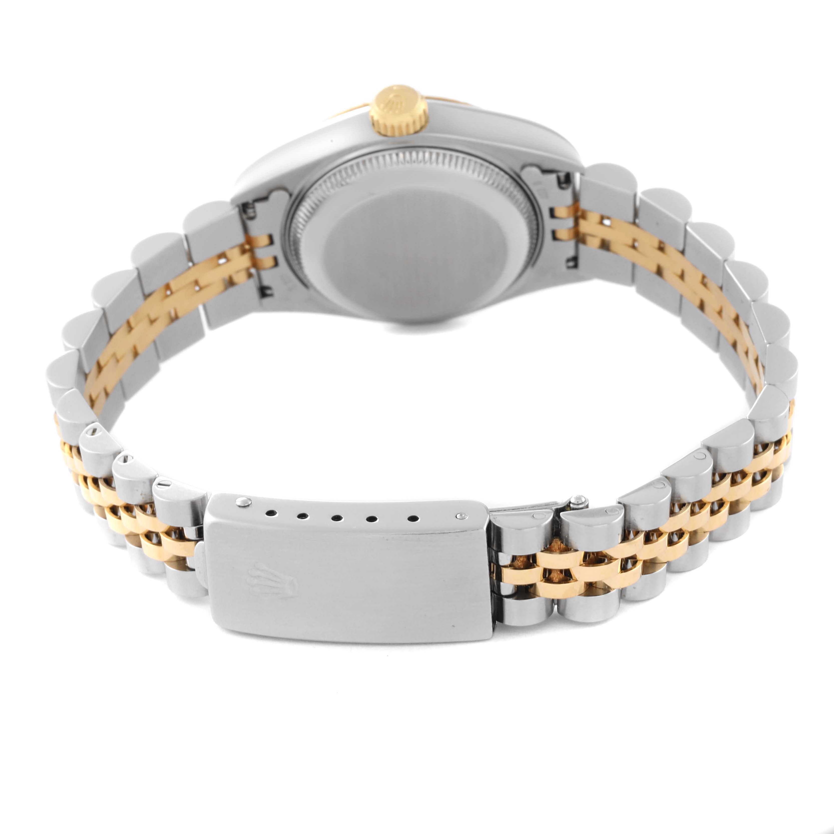 This image shows the back angle of a Rolex Datejust 69173 Women's Steel and Gold (two tone) Champagne Dial 69173 Women's Steel and Gold (two tone) Champagne Dial watch, highlighting the case, crown, and Jubilee bracelet.