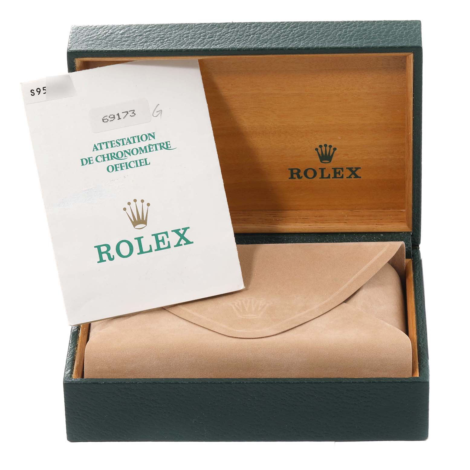 The image shows the packaging for a Rolex Datejust 69173 Women's Steel and Gold (two tone) Champagne Dial 69173 Women's Steel and Gold (two tone) Champagne Dial watch, including a Rolex certificate and a beige watch pouch inside an open Rolex box.