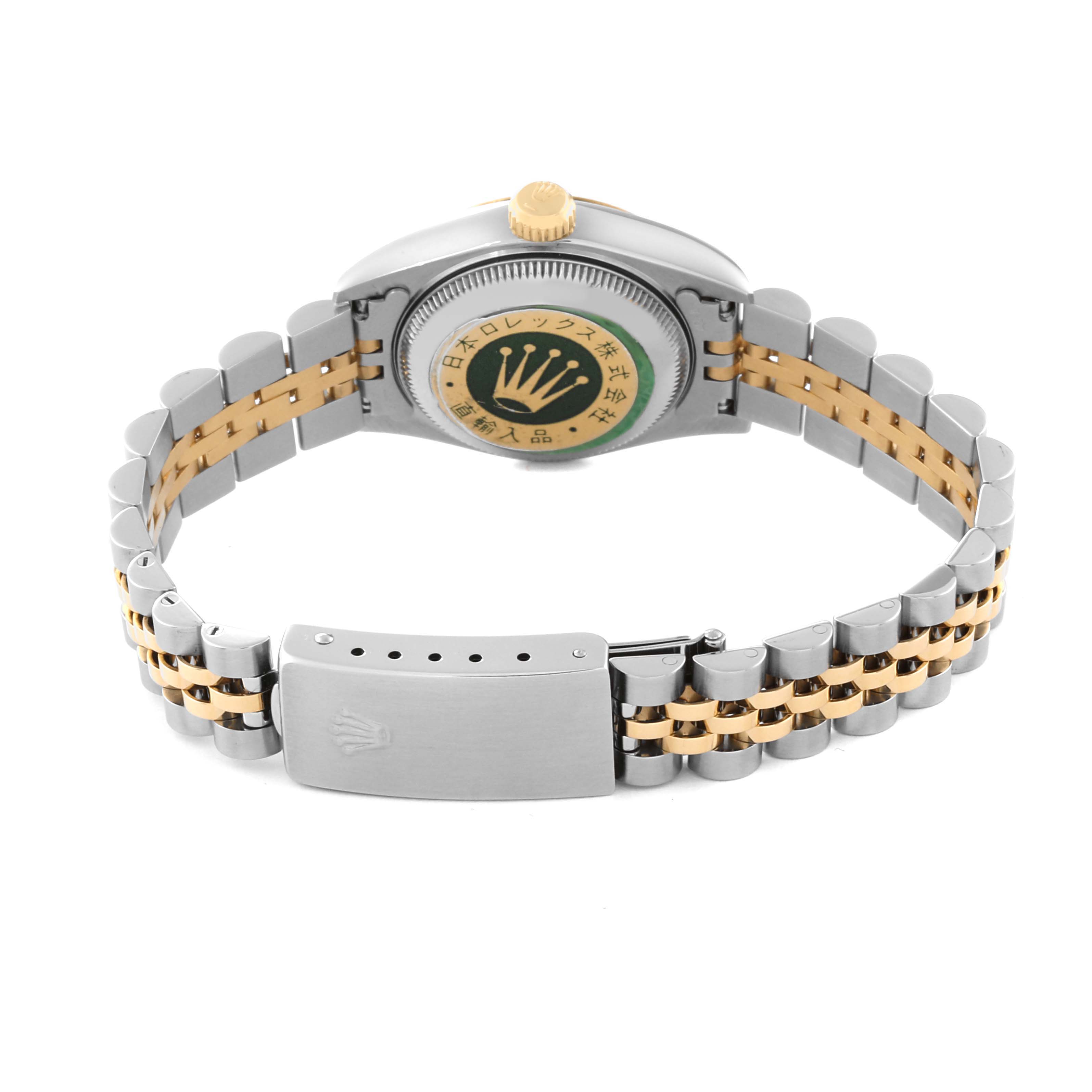 The image shows the back of a Rolex Datejust 69173 Women's Steel and Gold (two tone) Champagne Dial 69173 Women's Steel and Gold (two tone) Champagne Dial watch, highlighting the case back and the two-tone Jubilee bracelet with the clasp.