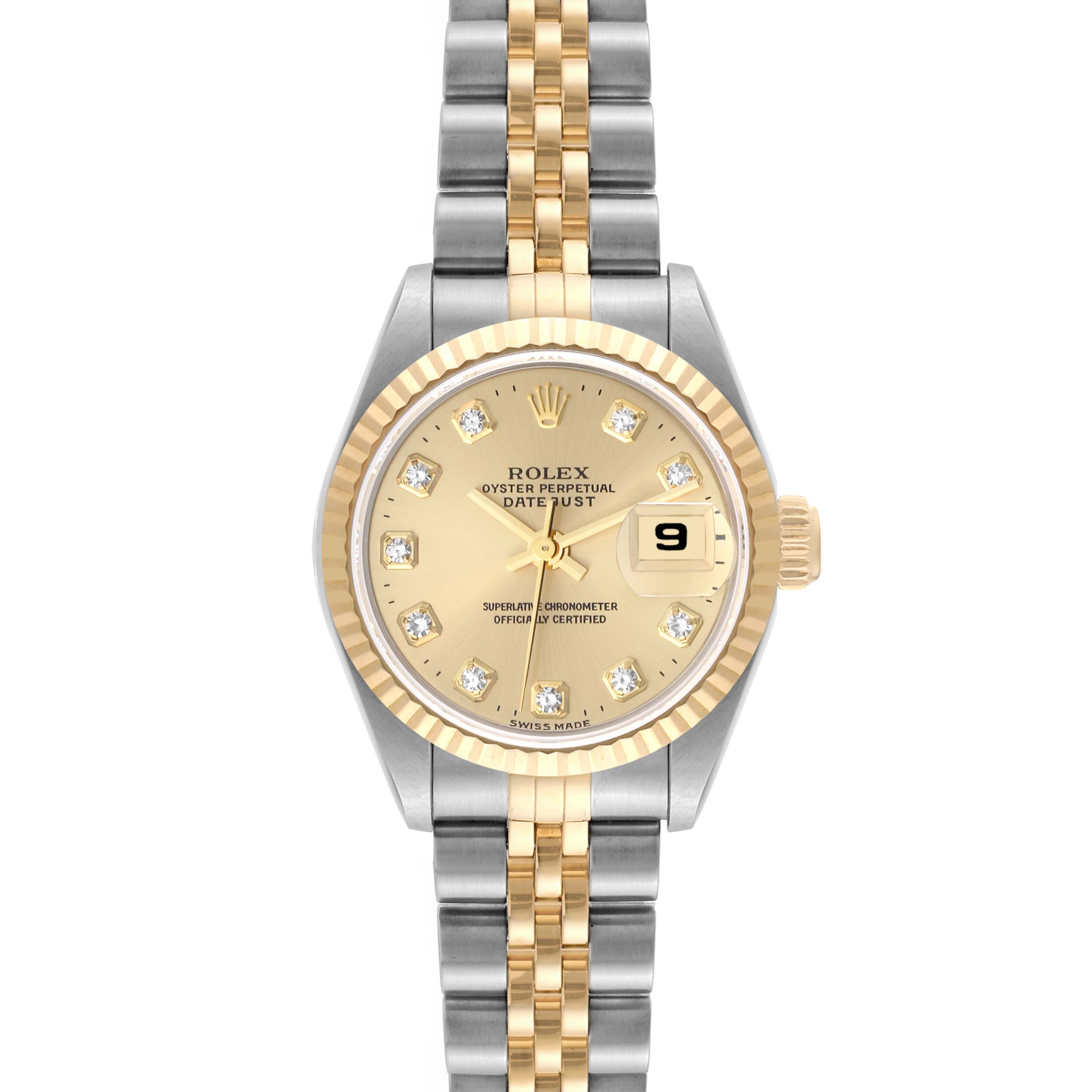 The Rolex Datejust 69173 Women's Steel and Gold (two tone) Champagne Dial 69173 Women's Steel and Gold (two tone) Champagne Dial watch is shown from a top-down angle, highlighting its gold and silver bracelet and diamond-accented dial.
