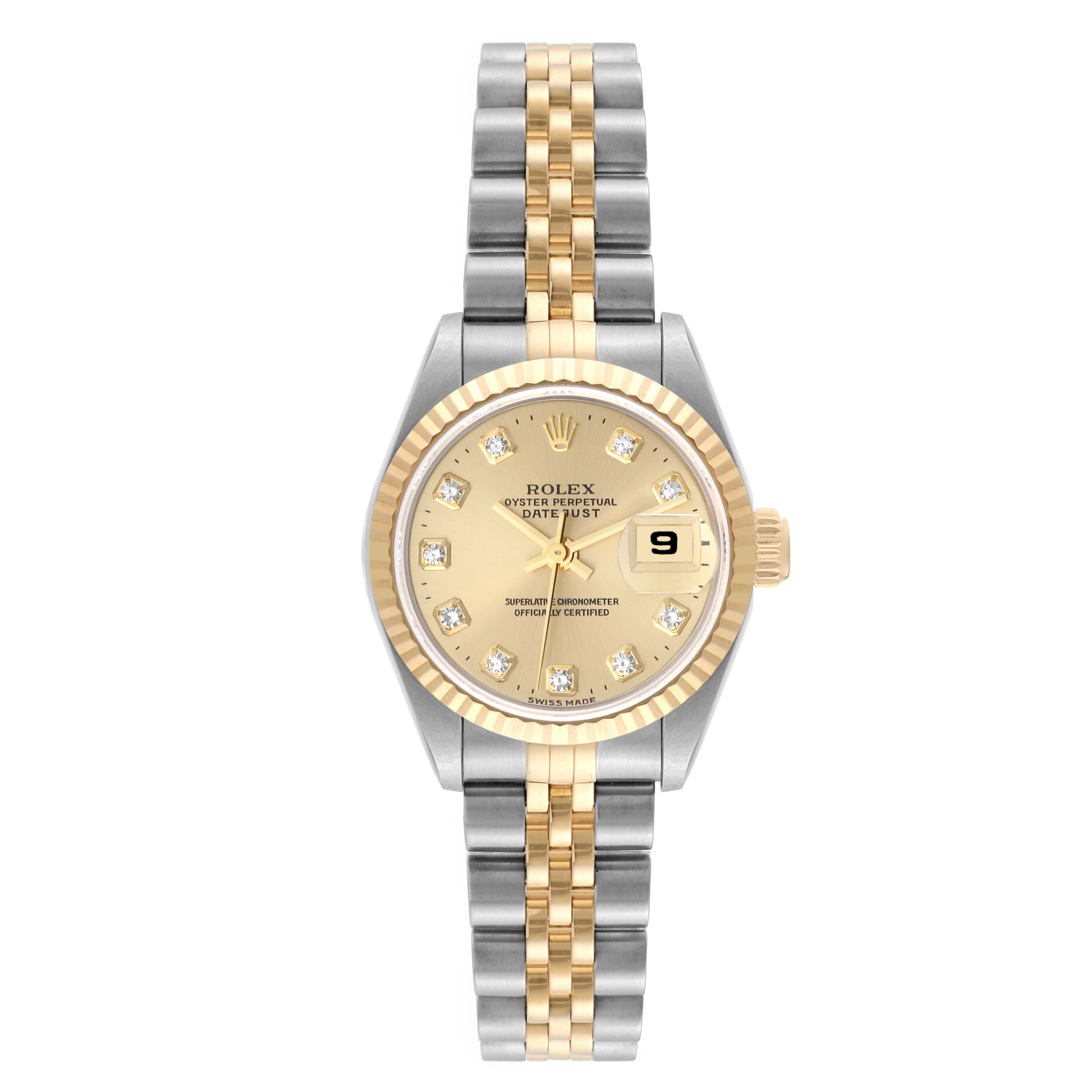 The Rolex Datejust 69173 Women's Steel and Gold (two tone) Champagne Dial 69173 Women's Steel and Gold (two tone) Champagne Dial watch is shown from the front, displaying the dial, bezel, crown, and two-tone bracelet.