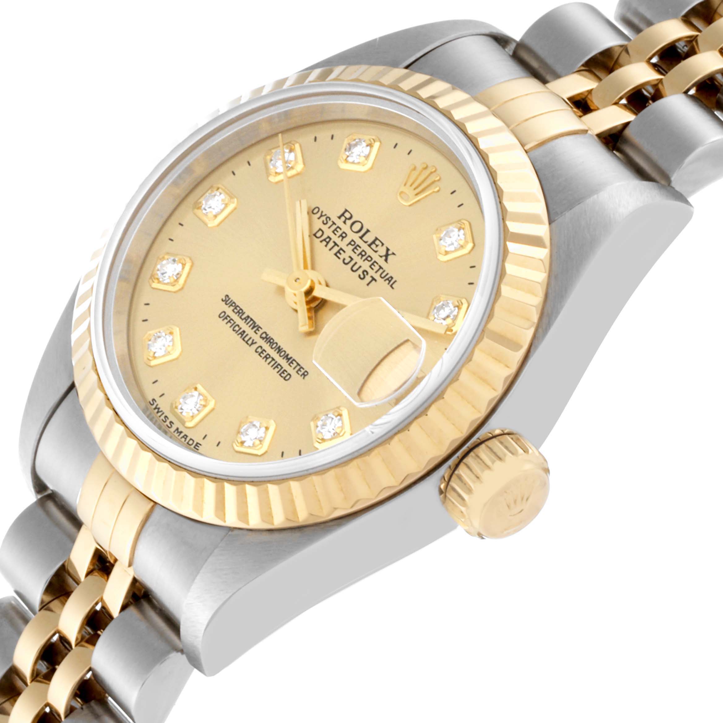 The image shows a close-up side angle of the Rolex Datejust 69173 Women's Steel and Gold (two tone) Champagne Dial 69173 Women's Steel and Gold (two tone) Champagne Dial watch, highlighting the dial, crown, and bracelet.