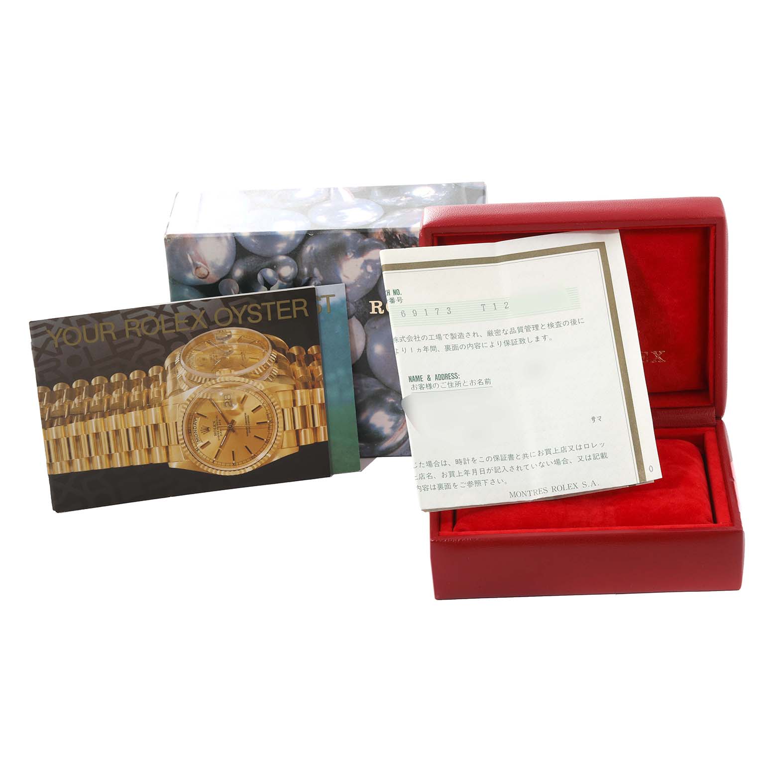 The image shows the packaging, documentation, and box for a Rolex Datejust 69173 Women's Steel and Gold (two tone) Champagne Dial 69173 Women's Steel and Gold (two tone) Champagne Dial watch.