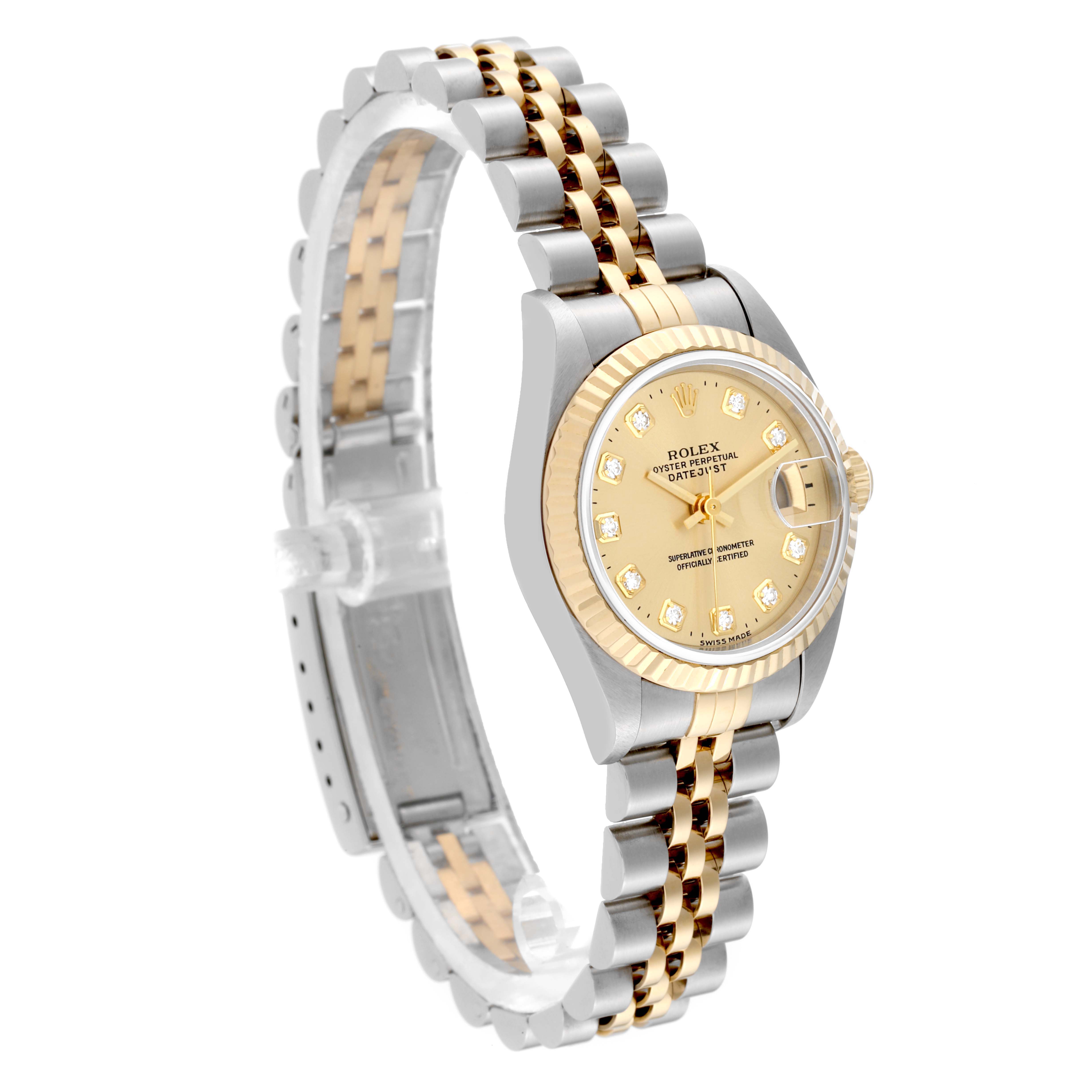This image shows a side-angle view of a Rolex Datejust 69173 Women's Steel and Gold (two tone) Champagne Dial 69173 Women's Steel and Gold (two tone) Champagne Dial watch with a two-tone bracelet and gold dial.