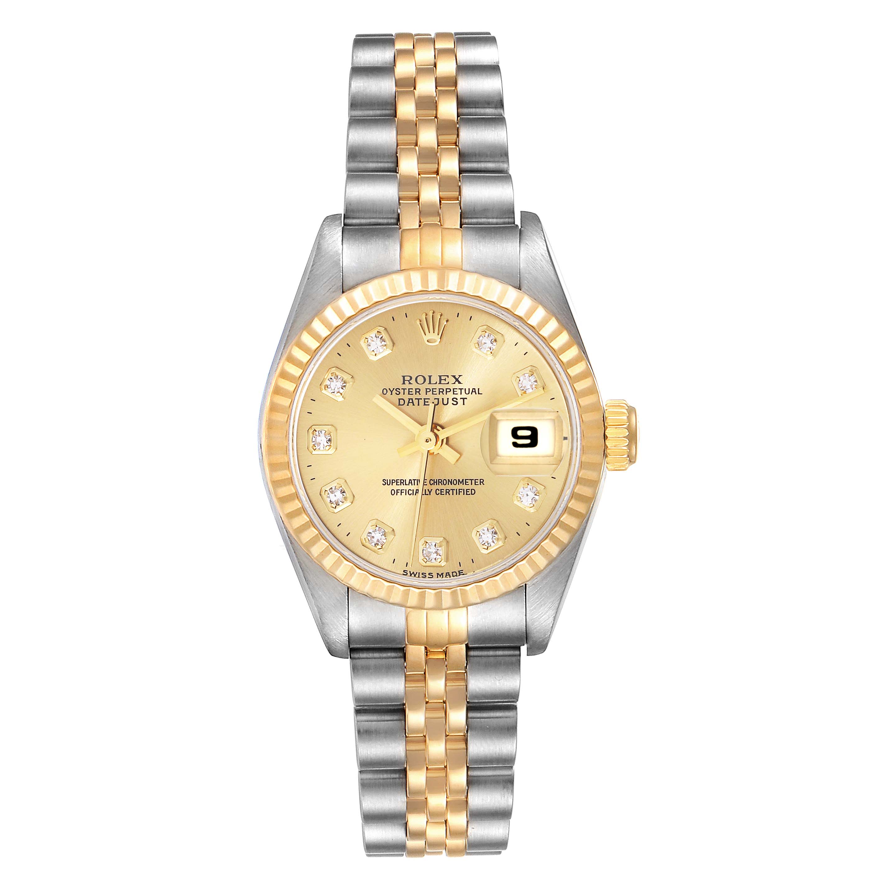 The image shows a front view of a Rolex Datejust 69173 Women's Steel and Gold (two tone) Champagne Dial 69173 Women's Steel and Gold (two tone) Champagne Dial watch with a gold and silver bracelet and a gold dial with diamond markers.