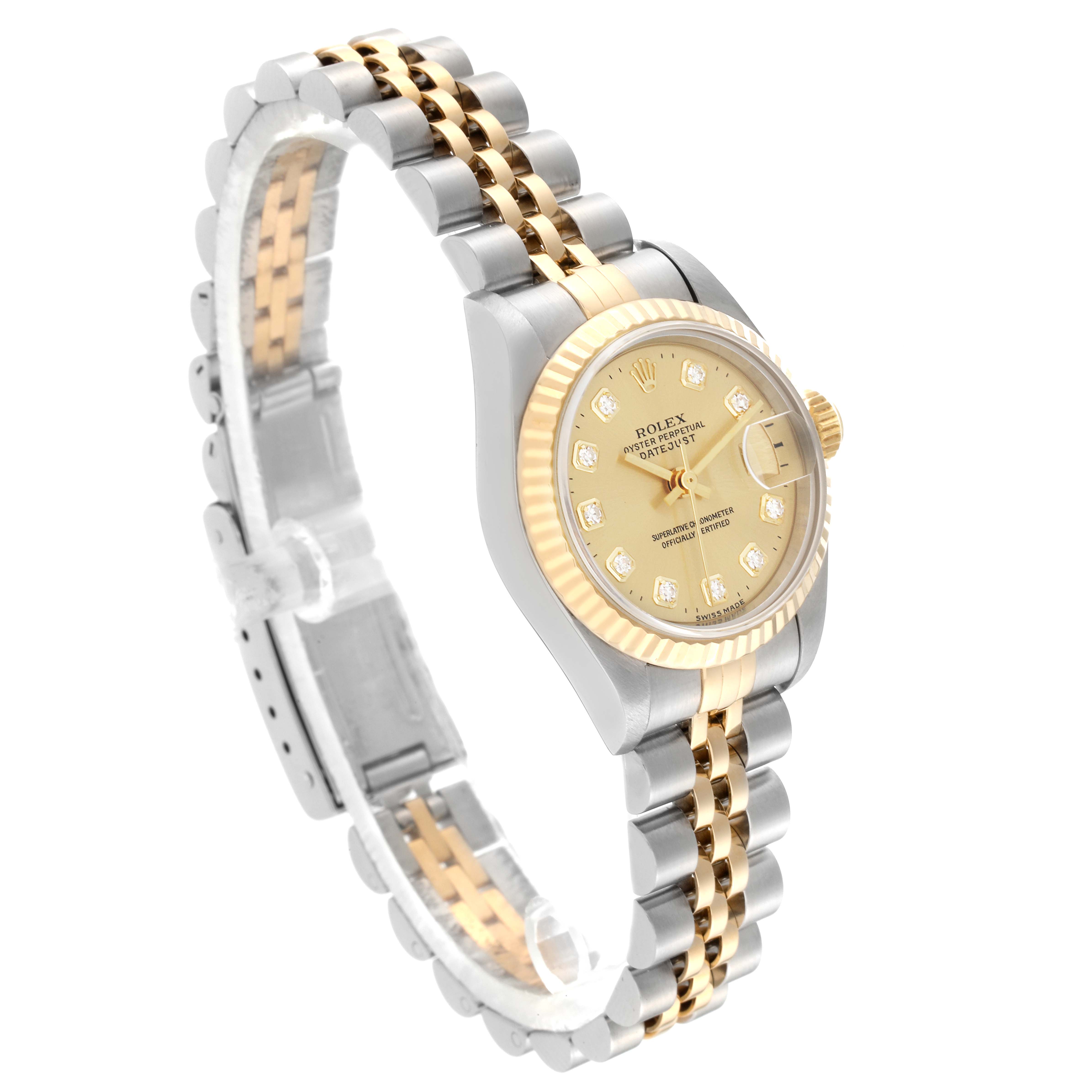 The image shows a Rolex Datejust 69173 Women's Steel and Gold (two tone) Champagne Dial 69173 Women's Steel and Gold (two tone) Champagne Dial model watch angled to display the face and its two-tone bracelet.