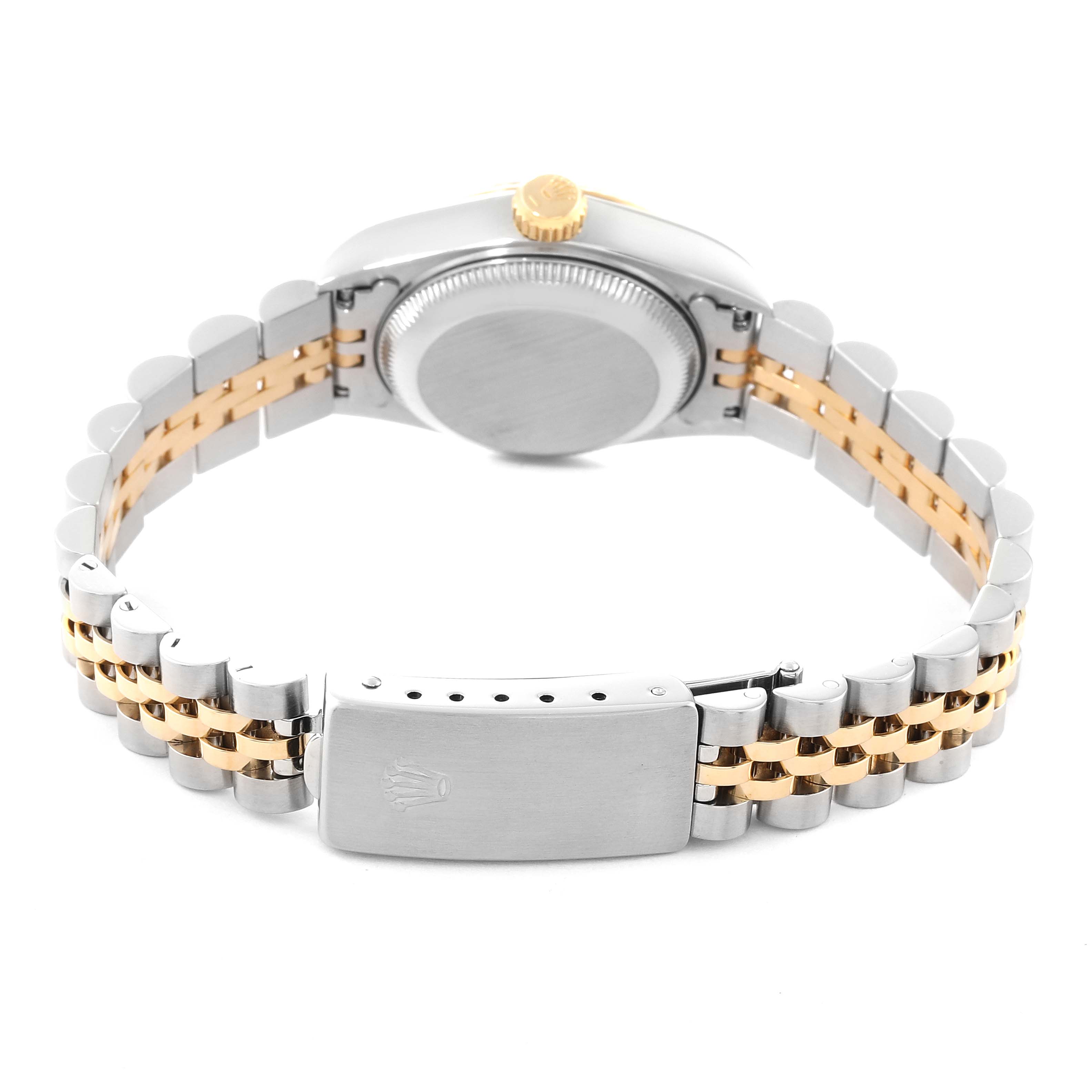 This image shows the back of a Rolex Datejust 69173 Women's Steel and Gold (two tone) Champagne Dial 69173 Women's Steel and Gold (two tone) Champagne Dial watch, highlighting the clasp and bracelet with a view of the case back.