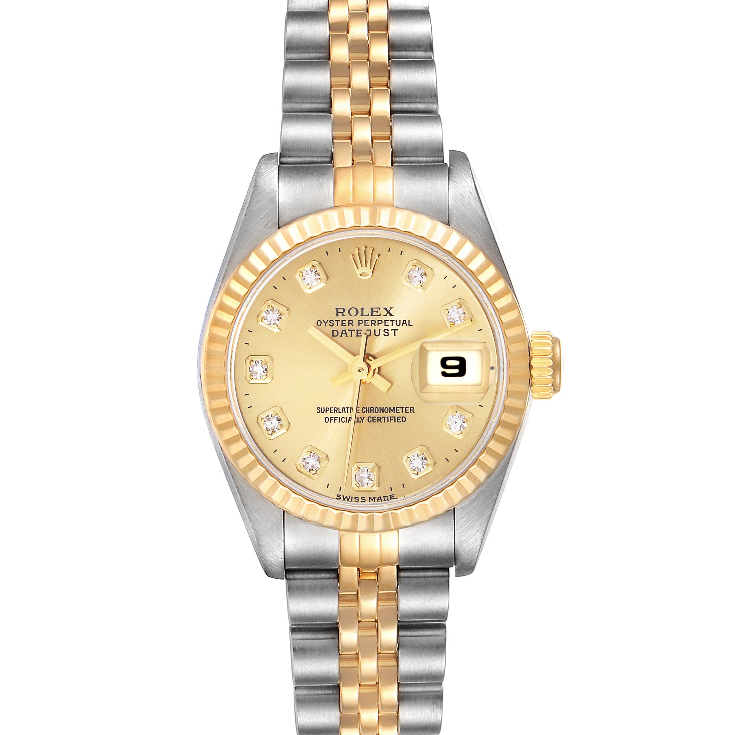 The image shows a front view of a Rolex Datejust 69173 Women's Steel and Gold (two tone) Champagne Dial 69173 Women's Steel and Gold (two tone) Champagne Dial watch, featuring a gold dial, fluted bezel, and two-tone bracelet.