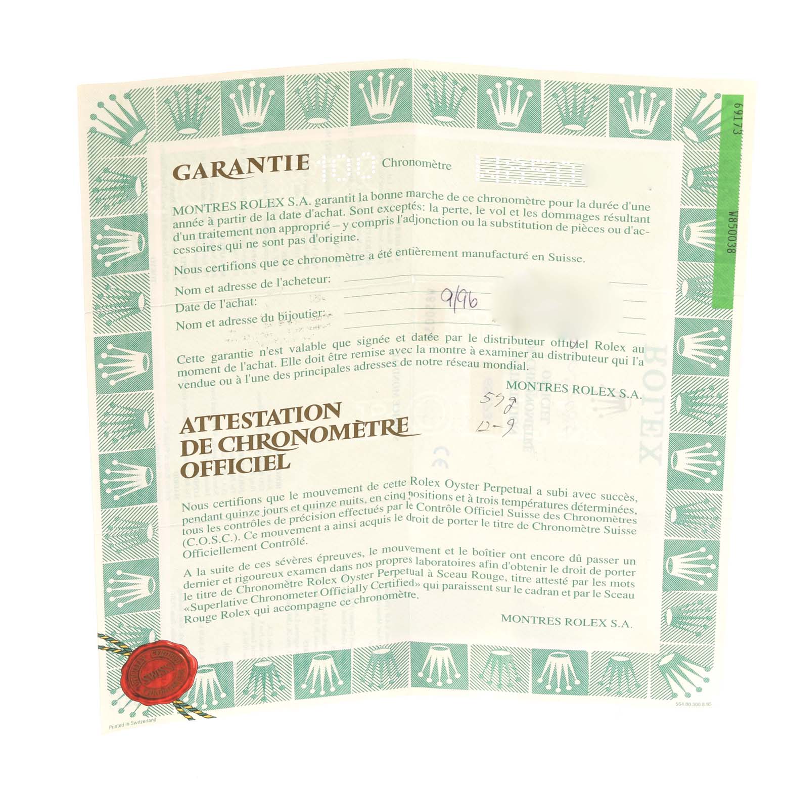 The image shows a warranty certificate for a Rolex Datejust 69173 Women's Steel and Gold (two tone) Champagne Dial 69173 Women's Steel and Gold (two tone) Champagne Dial watch, including the brand's logo and official attestation.