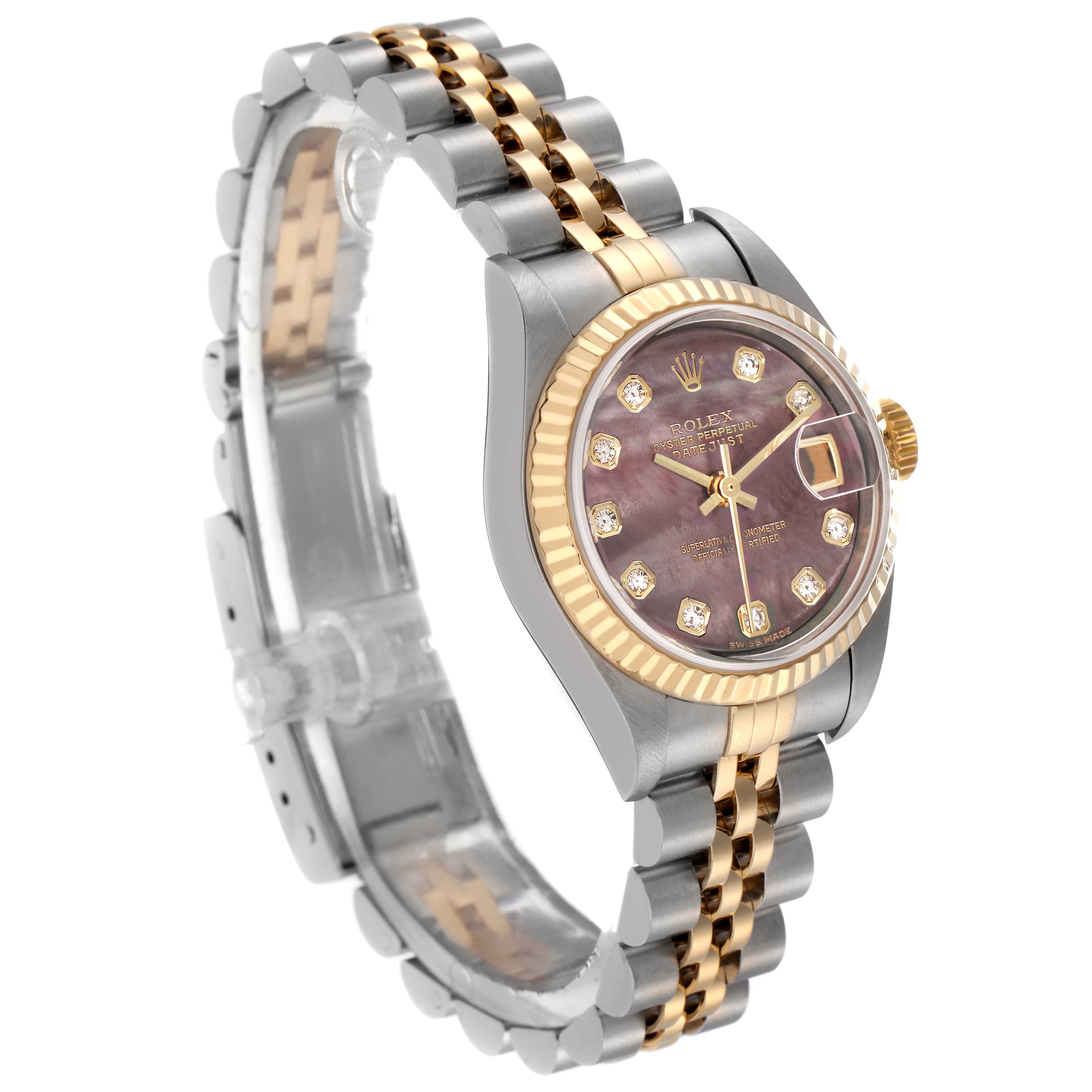 The Rolex Datejust 79173 Women
s Steel and Gold (two tone) Mother of Pearl Dial 79173 Women
s Steel and Gold (two tone) Mother of Pearl Dial watch is shown at a three-quarter angle, displaying the dial, bezel, crown, and Jubilee bracelet.