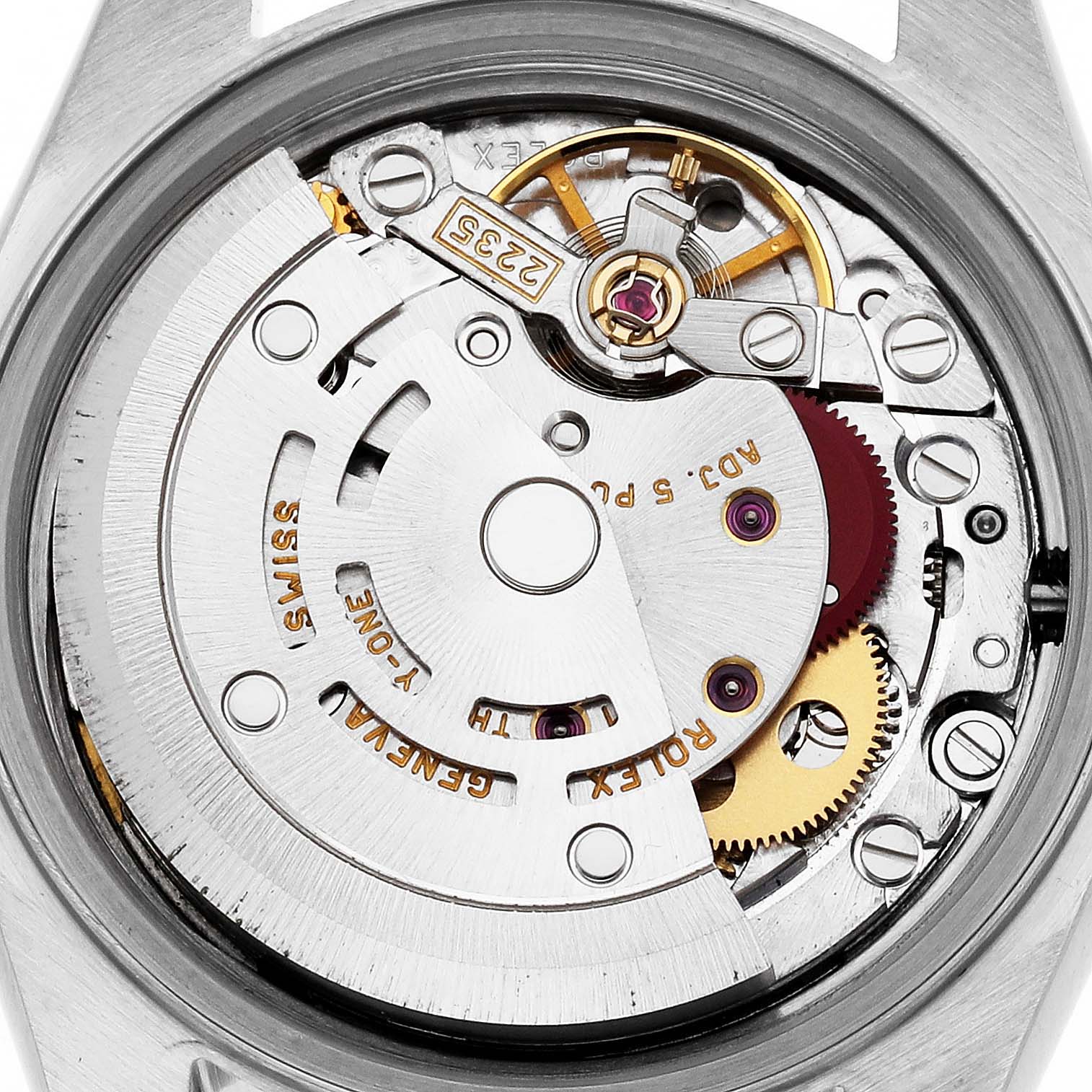 The image shows the Rolex Datejust 79173 Women
s Steel and Gold (two tone) Mother of Pearl Dial 79173 Women
s Steel and Gold (two tone) Mother of Pearl Dial movement from the back, highlighting its rotor, gears, and intricate mechanisms.