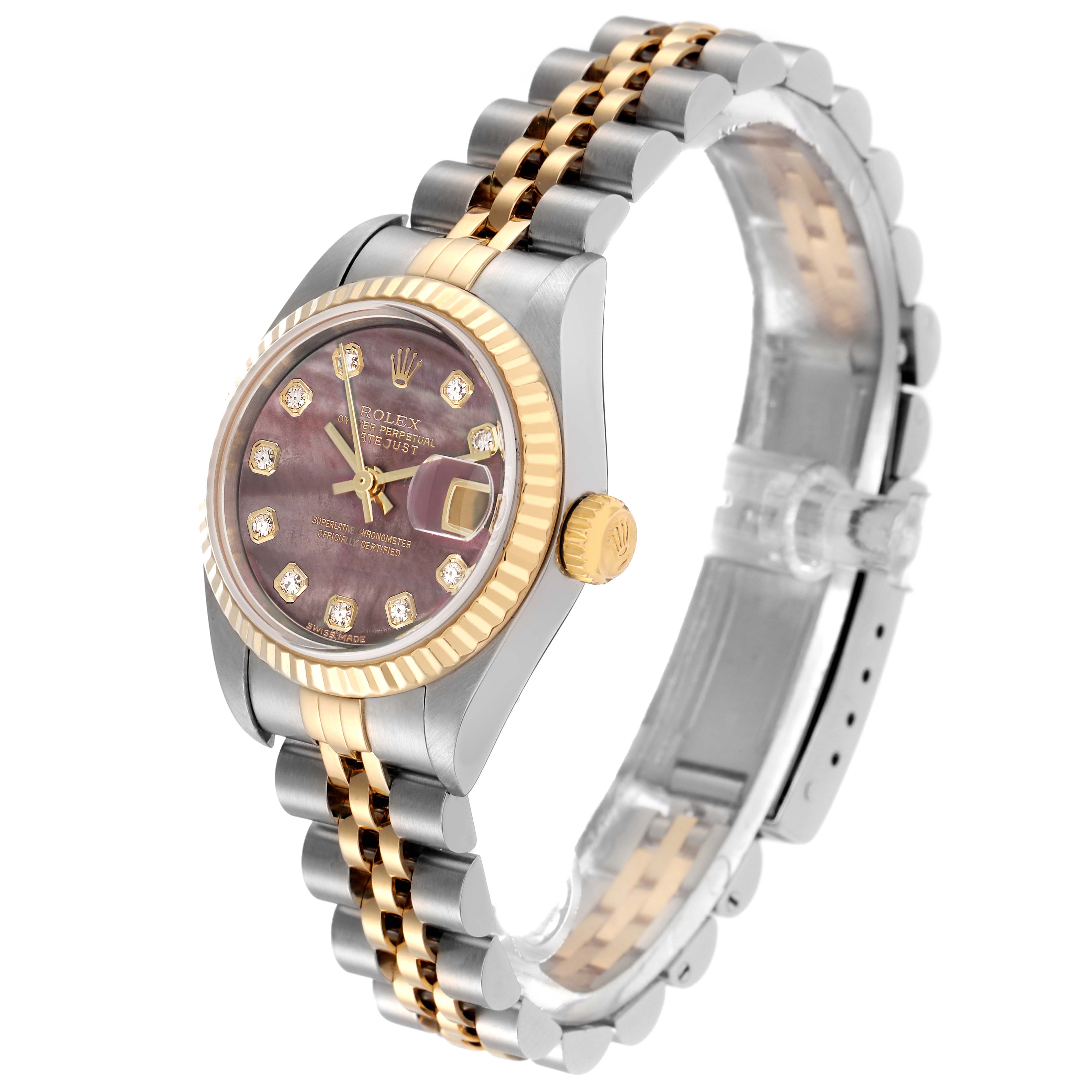 The Rolex Datejust 79173 Women
s Steel and Gold (two tone) Mother of Pearl Dial 79173 Women
s Steel and Gold (two tone) Mother of Pearl Dial watch is shown at a slight angle, highlighting the dial, fluted bezel, crown, and two-tone Jubilee bracelet.