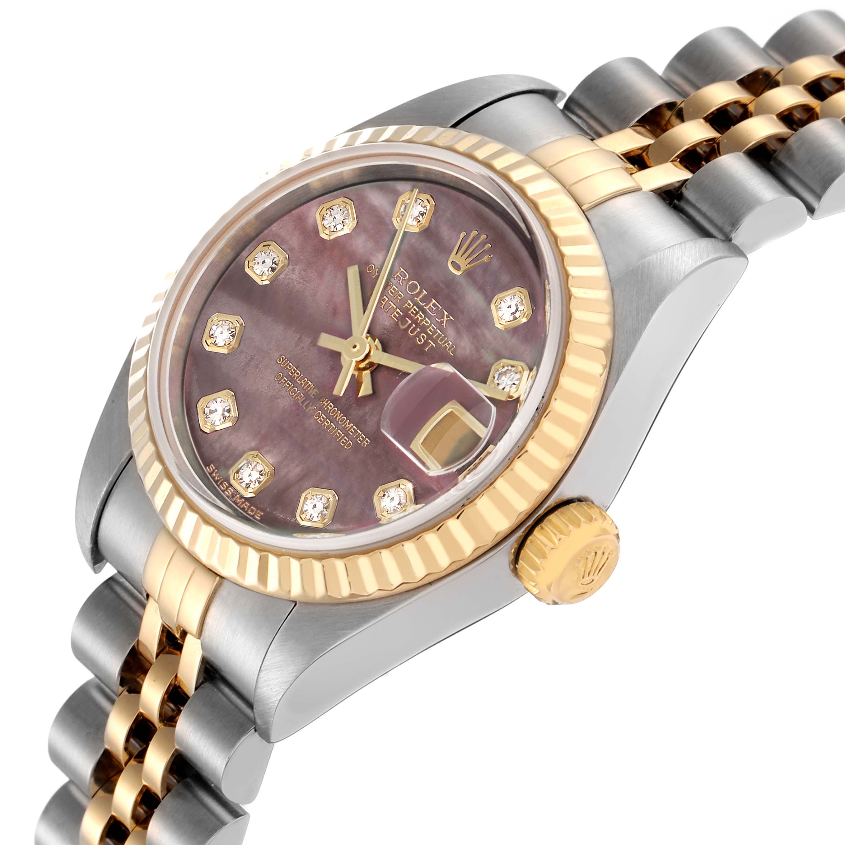 The Rolex Datejust 79173 Women
s Steel and Gold (two tone) Mother of Pearl Dial 79173 Women
s Steel and Gold (two tone) Mother of Pearl Dial watch is shown at an angle highlighting the face, bezel, crown, and part of the bracelet.