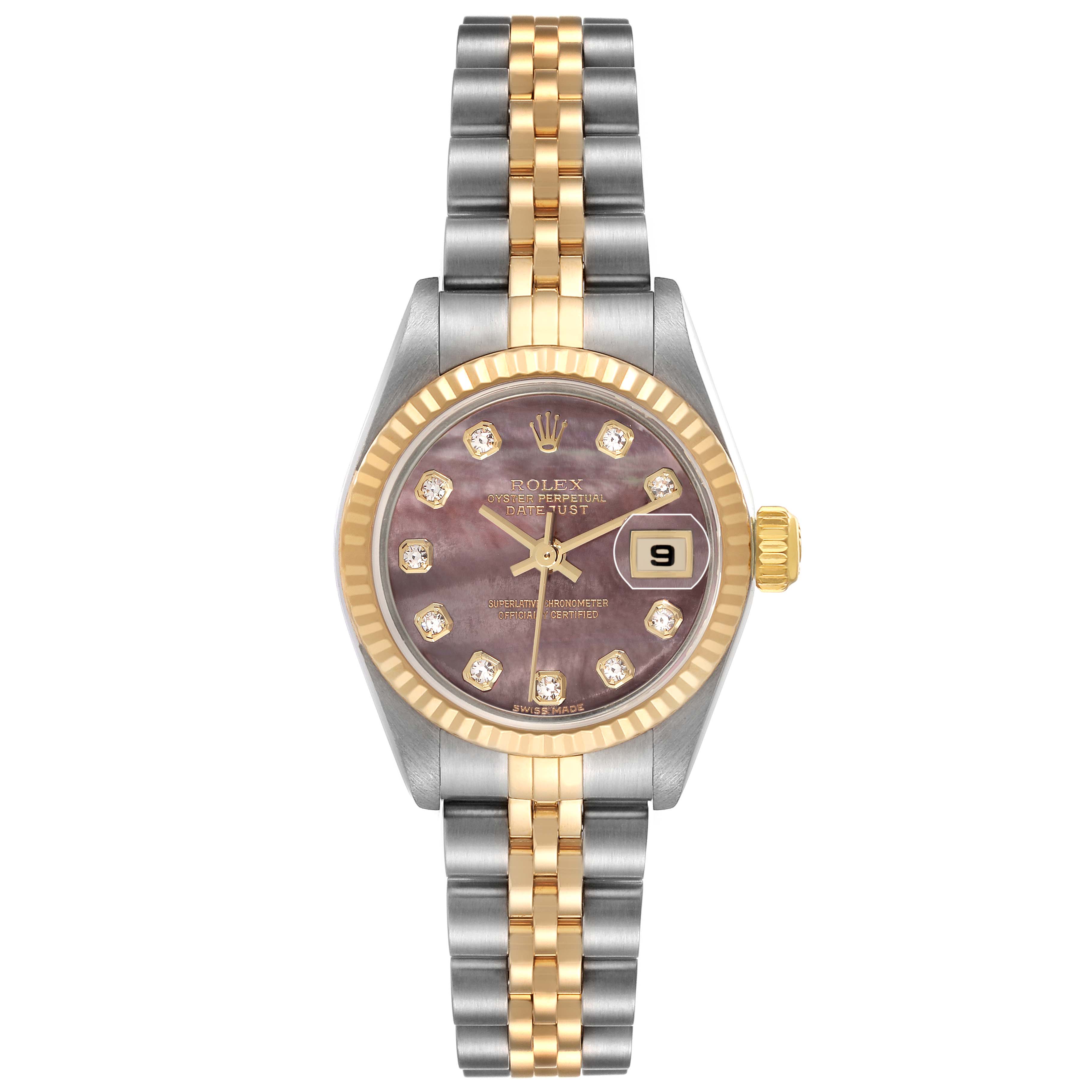 The Rolex Datejust 79173 Women
s Steel and Gold (two tone) Mother of Pearl Dial 79173 Women
s Steel and Gold (two tone) Mother of Pearl Dial watch is shown from a front angle, displaying its face, bracelet, and bezel.