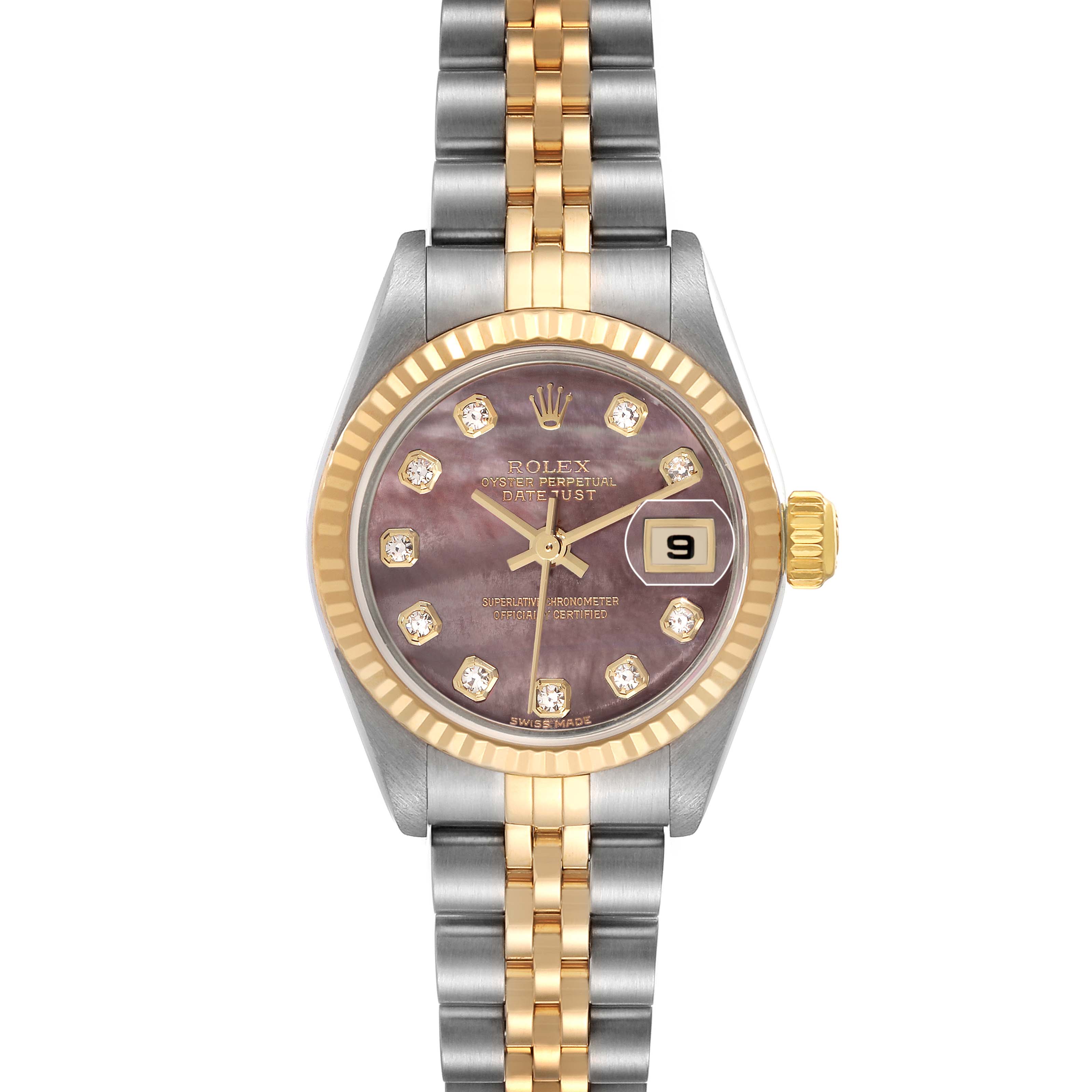 The Rolex Datejust 79173 Women
s Steel and Gold (two tone) Mother of Pearl Dial 79173 Women
s Steel and Gold (two tone) Mother of Pearl Dial watch is shown from the front, highlighting the dial, bezel, and two-tone bracelet.