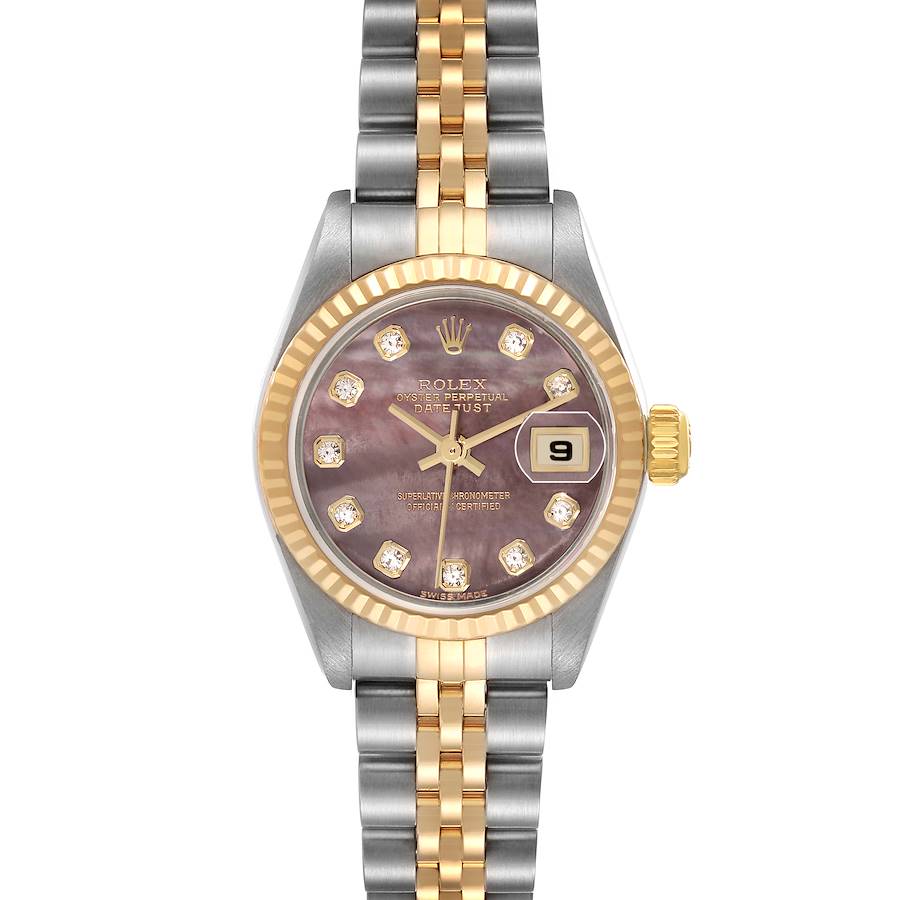 The Rolex Datejust watch is shown from the front, highlighting the dial, bezel, and two-tone bracelet.