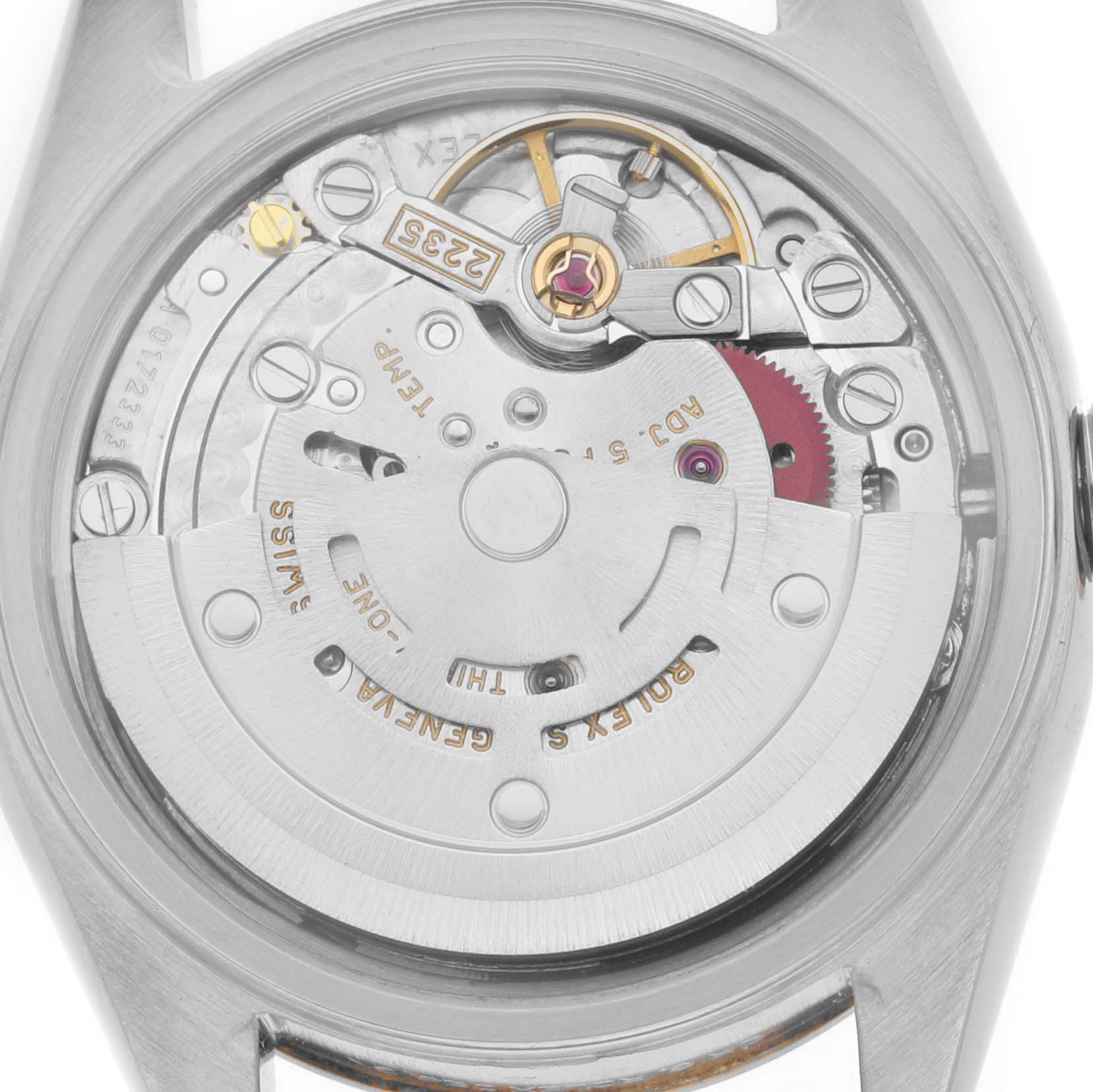 The image shows the back movement of a Rolex Datejust 79173 Women
s Steel and Gold (two tone) White Dial 79173 Women
s Steel and Gold (two tone) White Dial watch, highlighting the intricate inner mechanics.