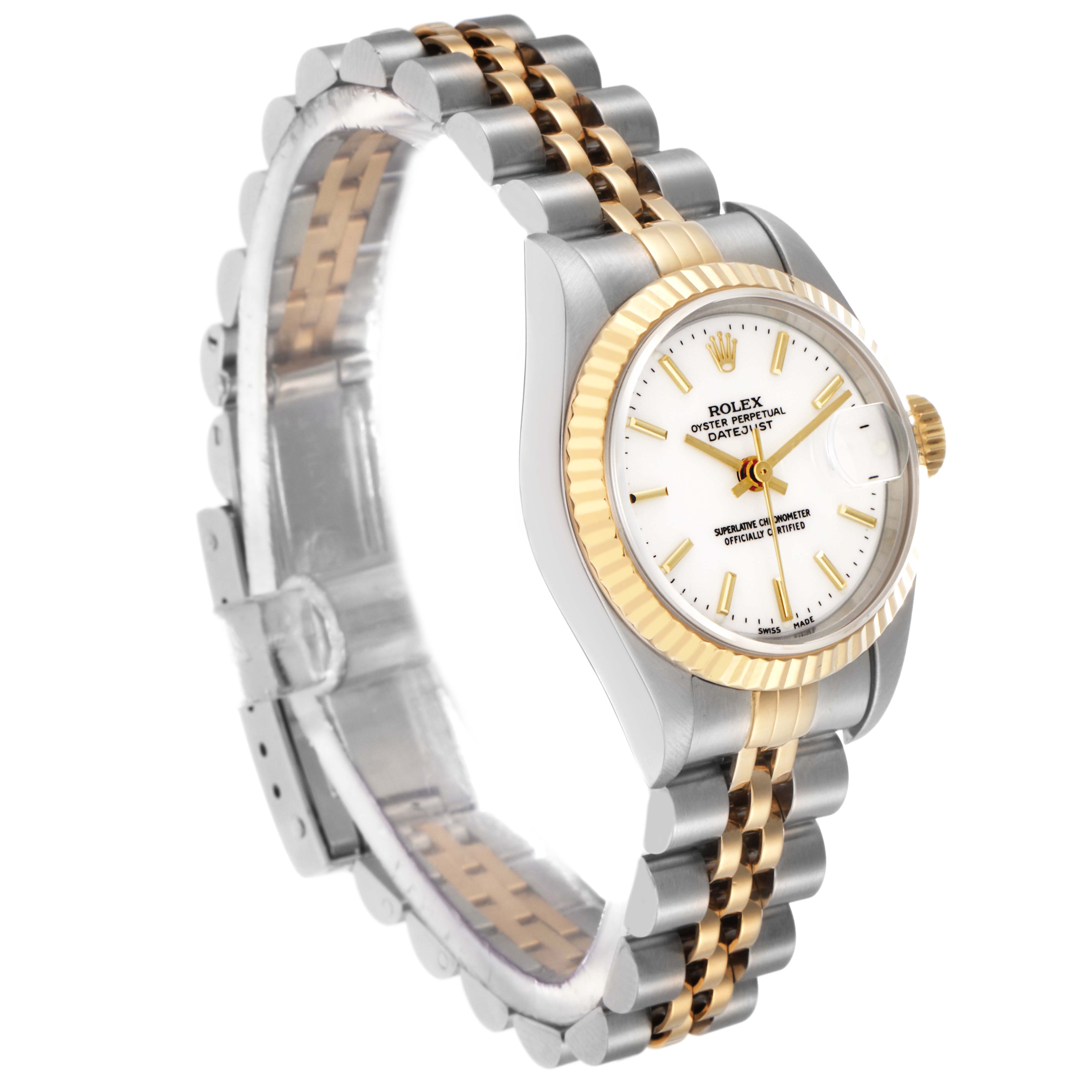 The Rolex Datejust 79173 Women
s Steel and Gold (two tone) White Dial 79173 Women
s Steel and Gold (two tone) White Dial watch is shown at a three-quarter angle, highlighting the face, bezel, and jubilee bracelet.