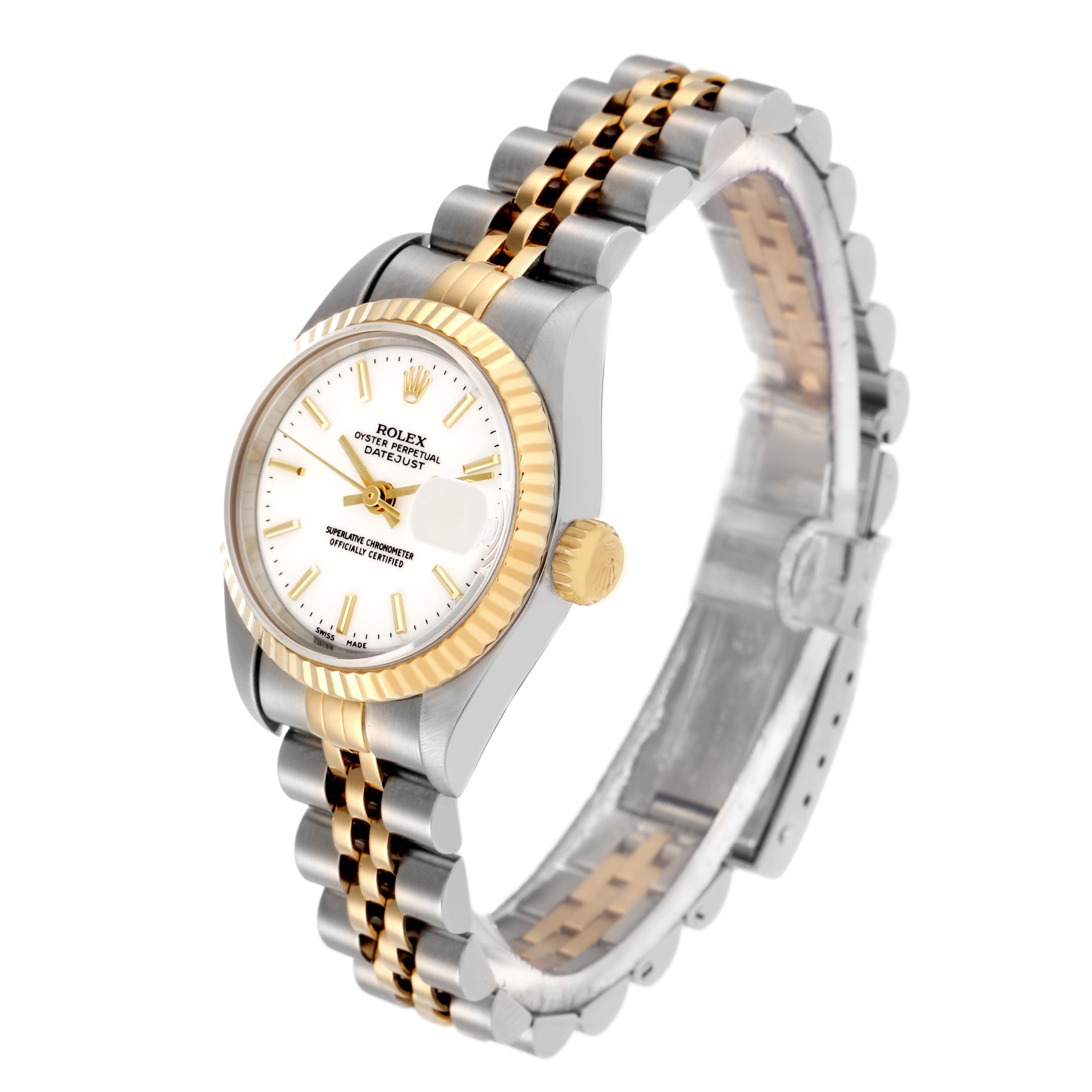 The Rolex Datejust 79173 Women
s Steel and Gold (two tone) White Dial 79173 Women
s Steel and Gold (two tone) White Dial watch is shown at an angled view highlighting the face, crown, and two-tone bracelet.