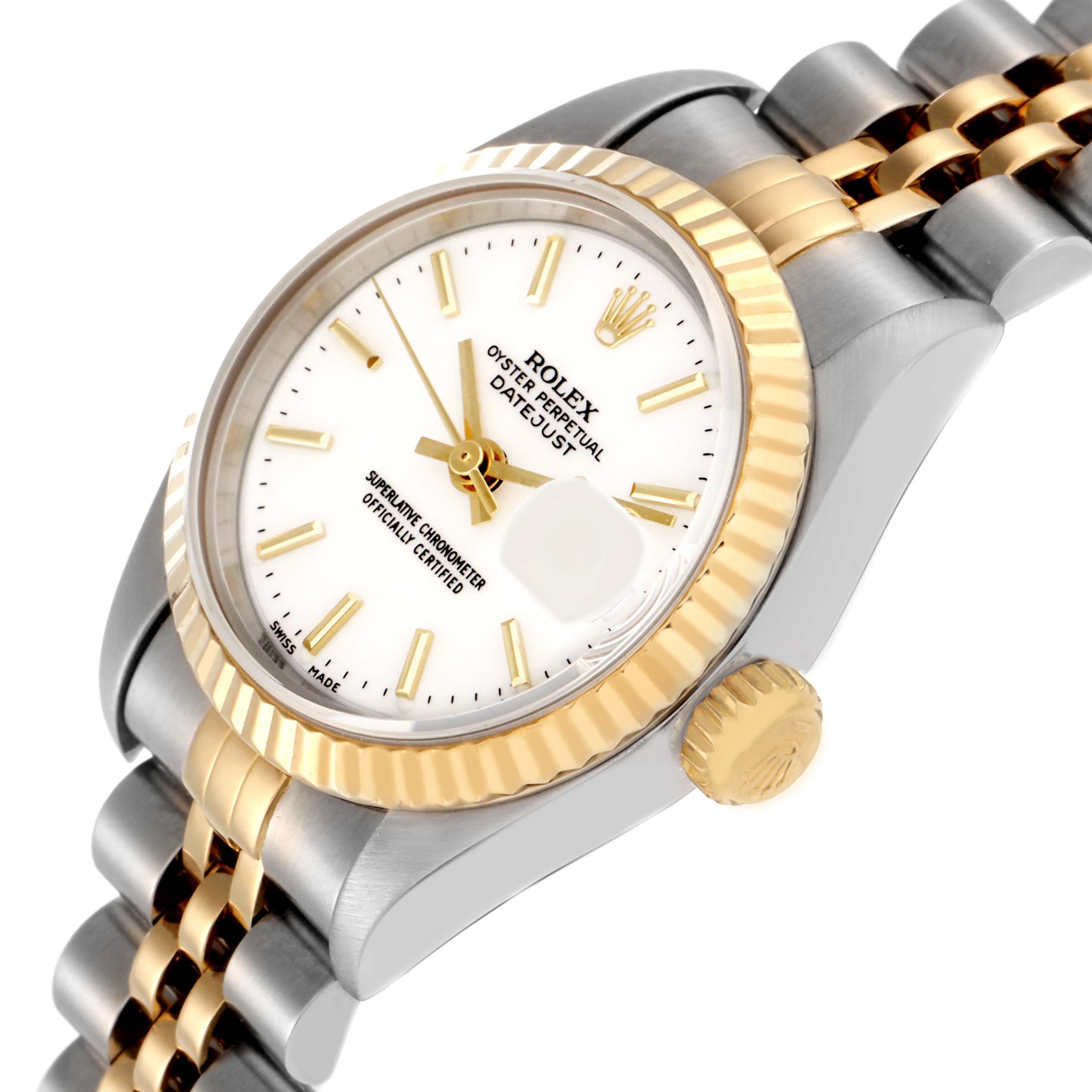 The Rolex Datejust 79173 Women
s Steel and Gold (two tone) White Dial 79173 Women
s Steel and Gold (two tone) White Dial watch is shown at an angle featuring the dial, fluted bezel, crown, and two-tone bracelet.