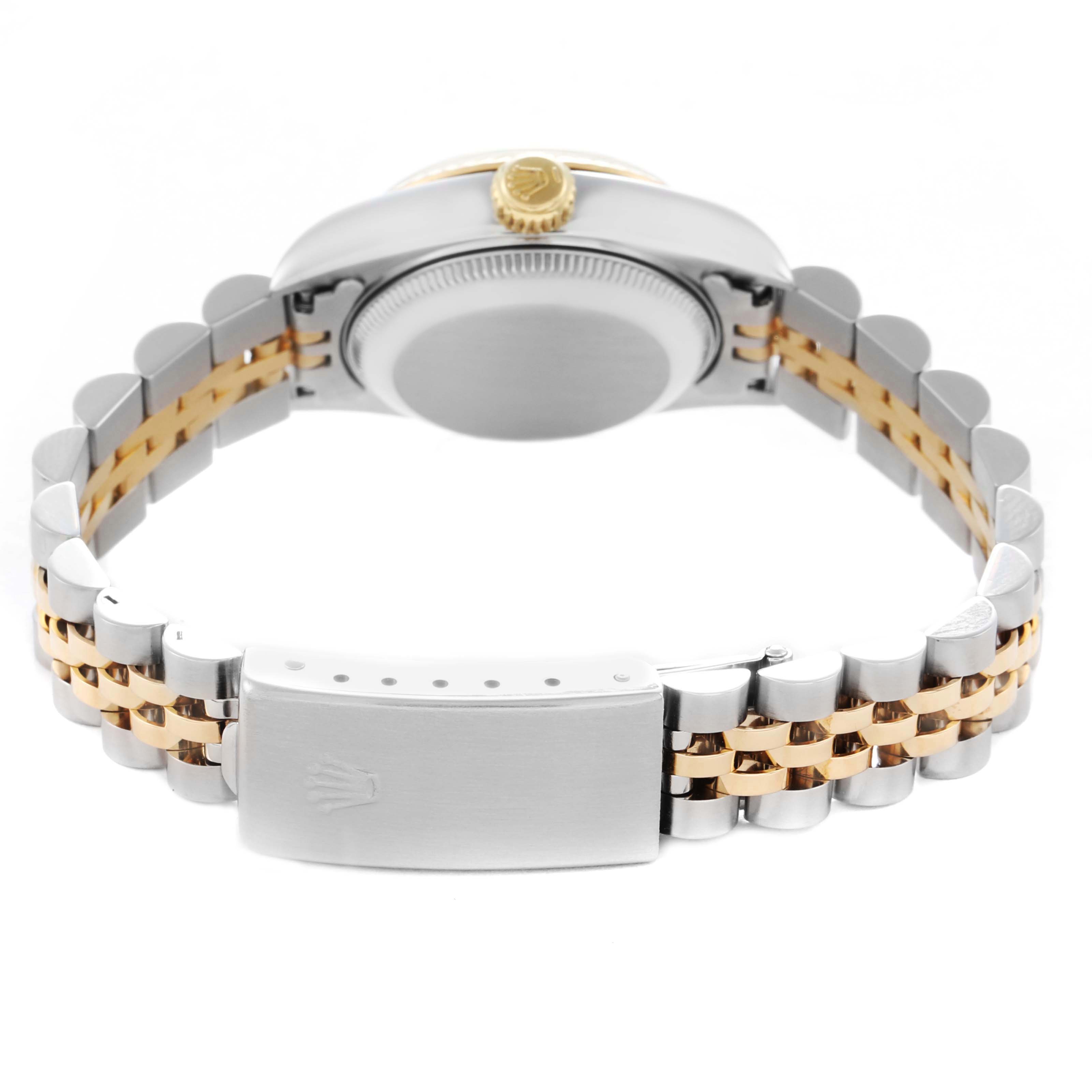 The image shows the back view of a Rolex Datejust 79173 Women
s Steel and Gold (two tone) White Dial 79173 Women
s Steel and Gold (two tone) White Dial watch, highlighting the case, crown, and two-tone bracelet with clasp.